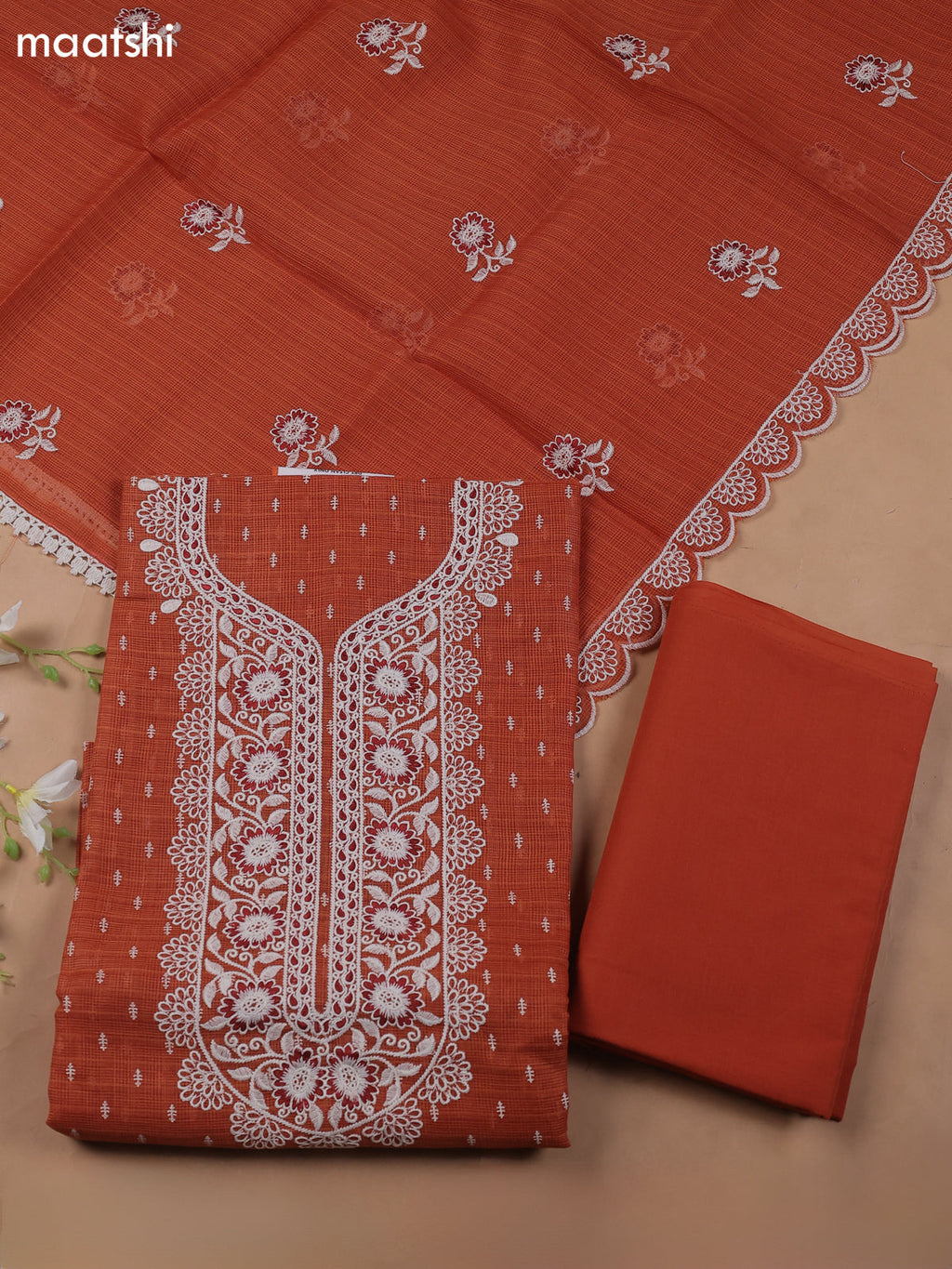 Rust Kota Dress Material With Butta Prints & Embroidery Work Neck Pattern