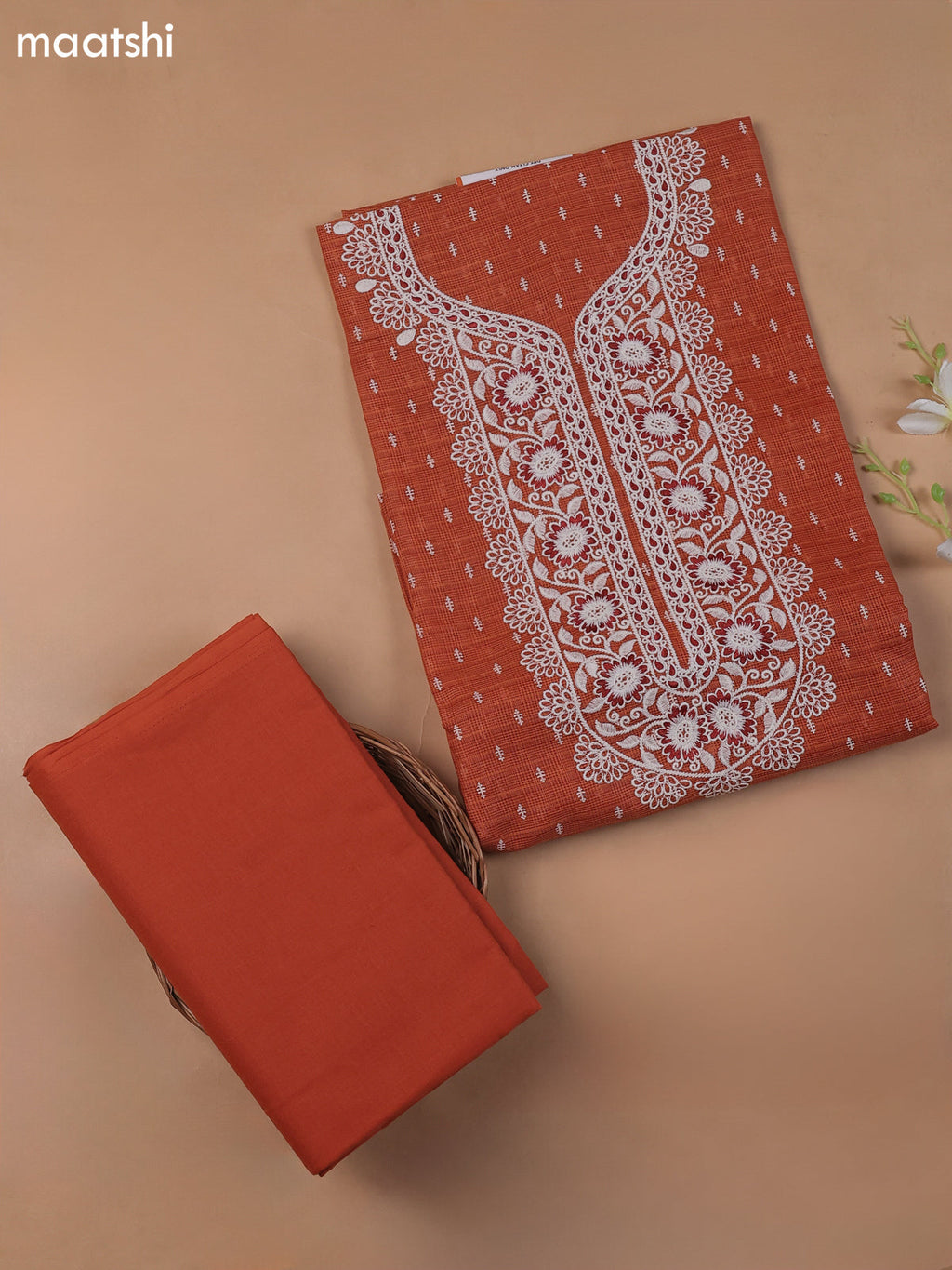 Rust Kota Dress Material With Butta Prints & Embroidery Work Neck Pattern