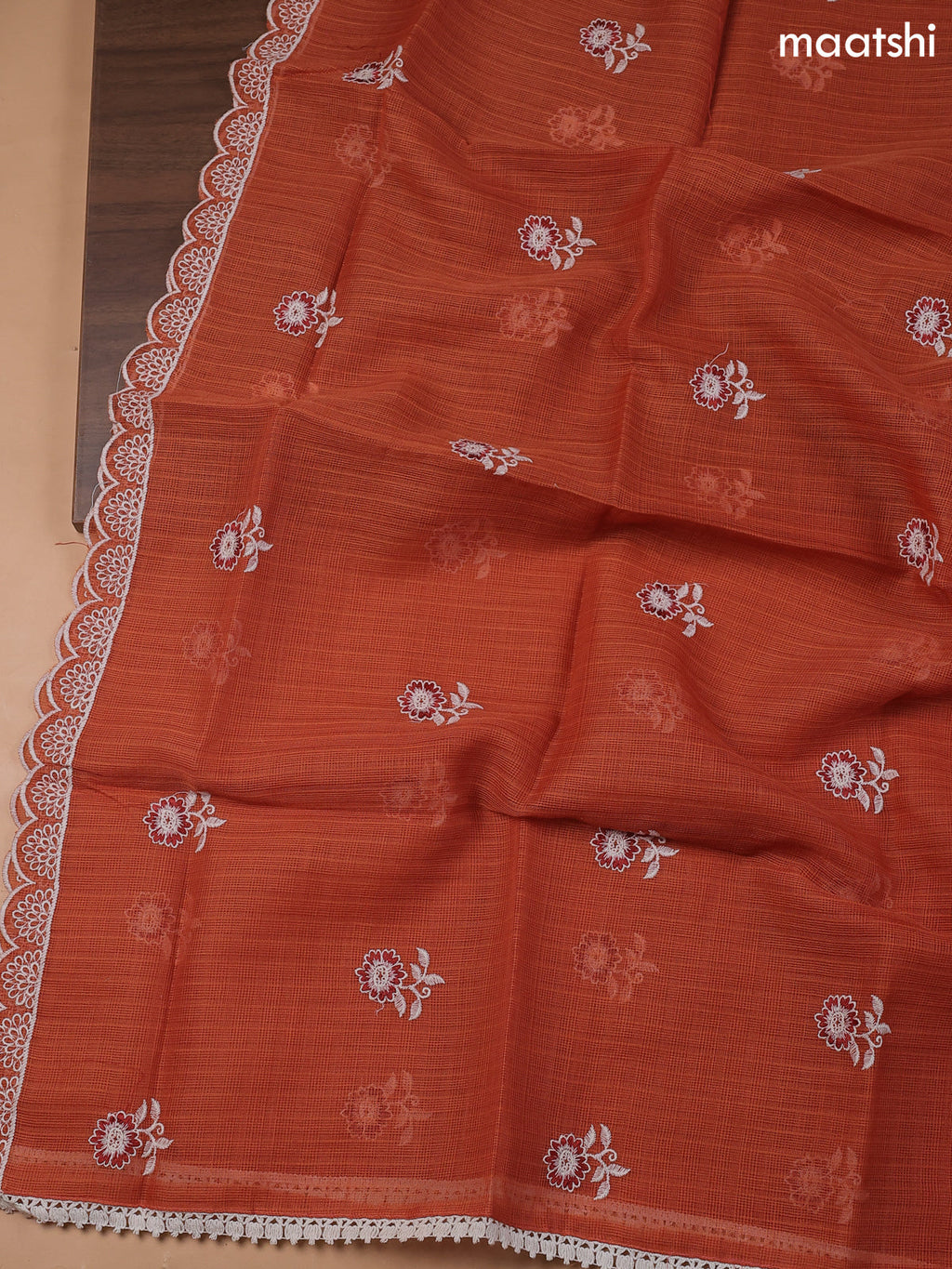 Rust Kota Dress Material With Butta Prints & Embroidery Work Neck Pattern