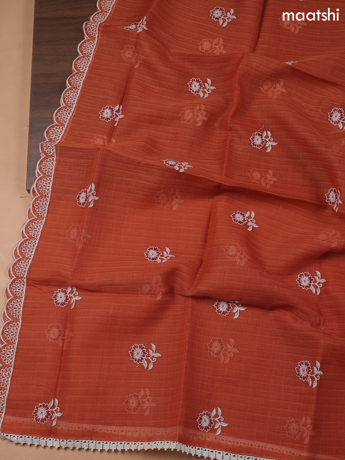 Rust Kota Dress Material With Butta Prints & Embroidery Work Neck Pattern
