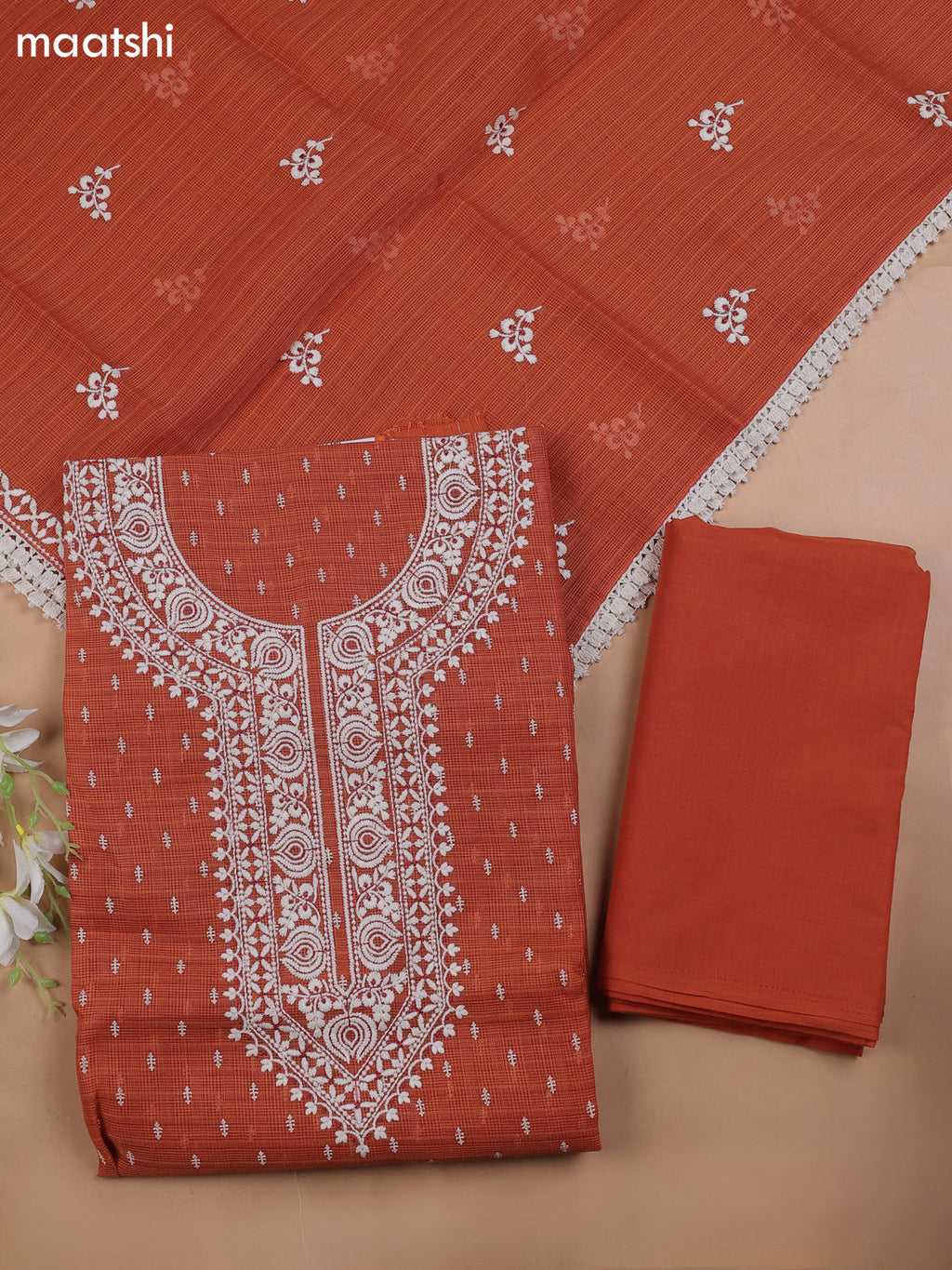 Rust Kota Dress Material With Butta Prints & Embroidery Work Neck Pattern