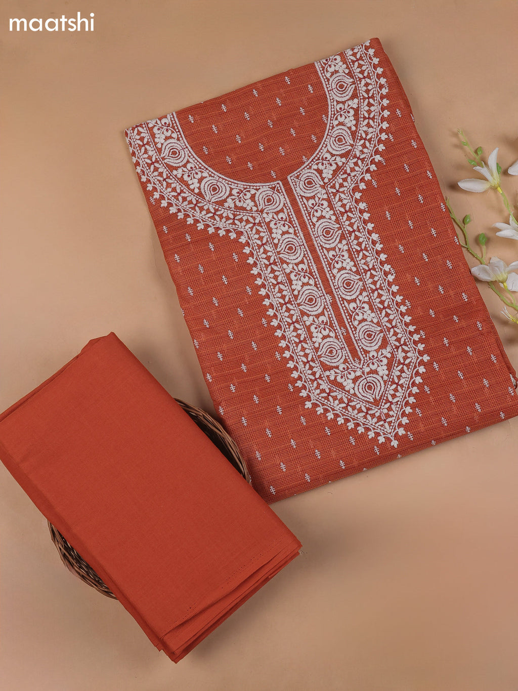 Rust Kota Dress Material With Butta Prints & Embroidery Work Neck Pattern