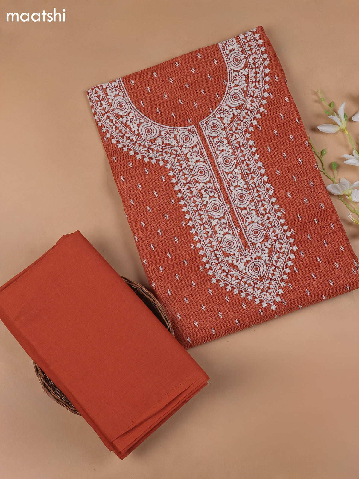 Rust Kota Dress Material With Butta Prints & Embroidery Work Neck Pattern