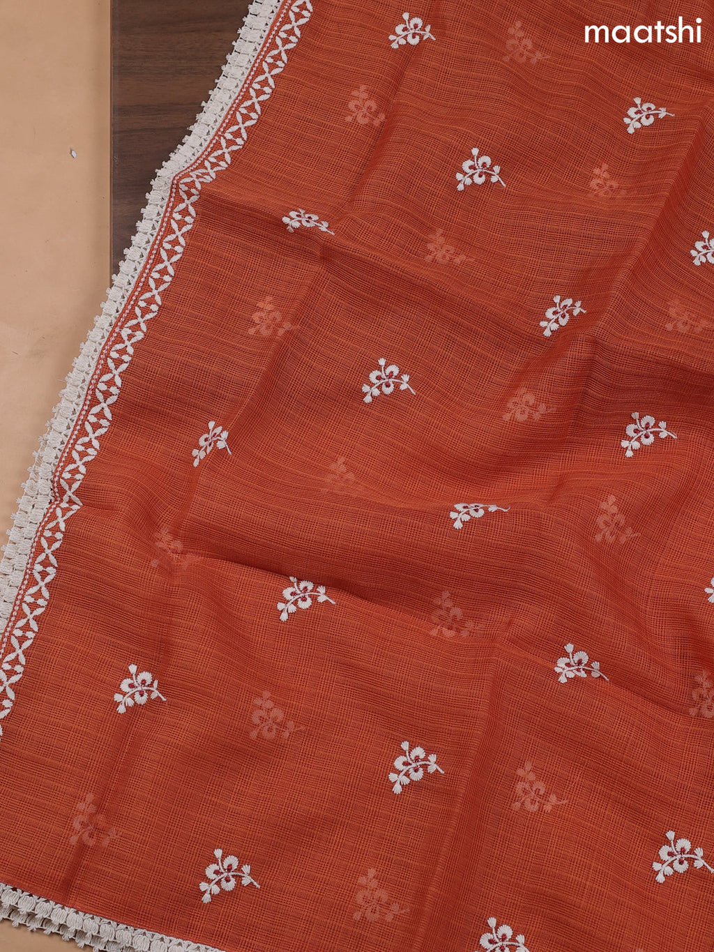 Rust Kota Dress Material With Butta Prints & Embroidery Work Neck Pattern