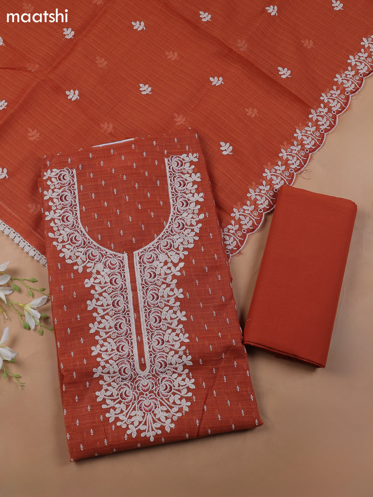 Rust Kota Dress Material With Butta Prints & Embroidery Work Neck Pattern