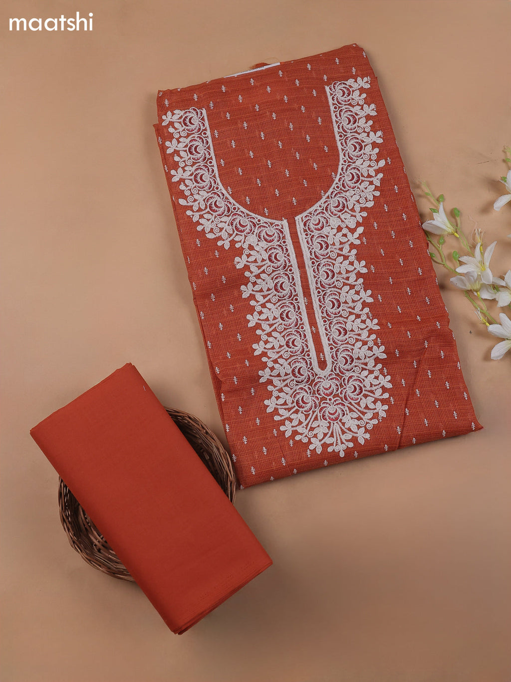 Rust Kota Dress Material With Butta Prints & Embroidery Work Neck Pattern