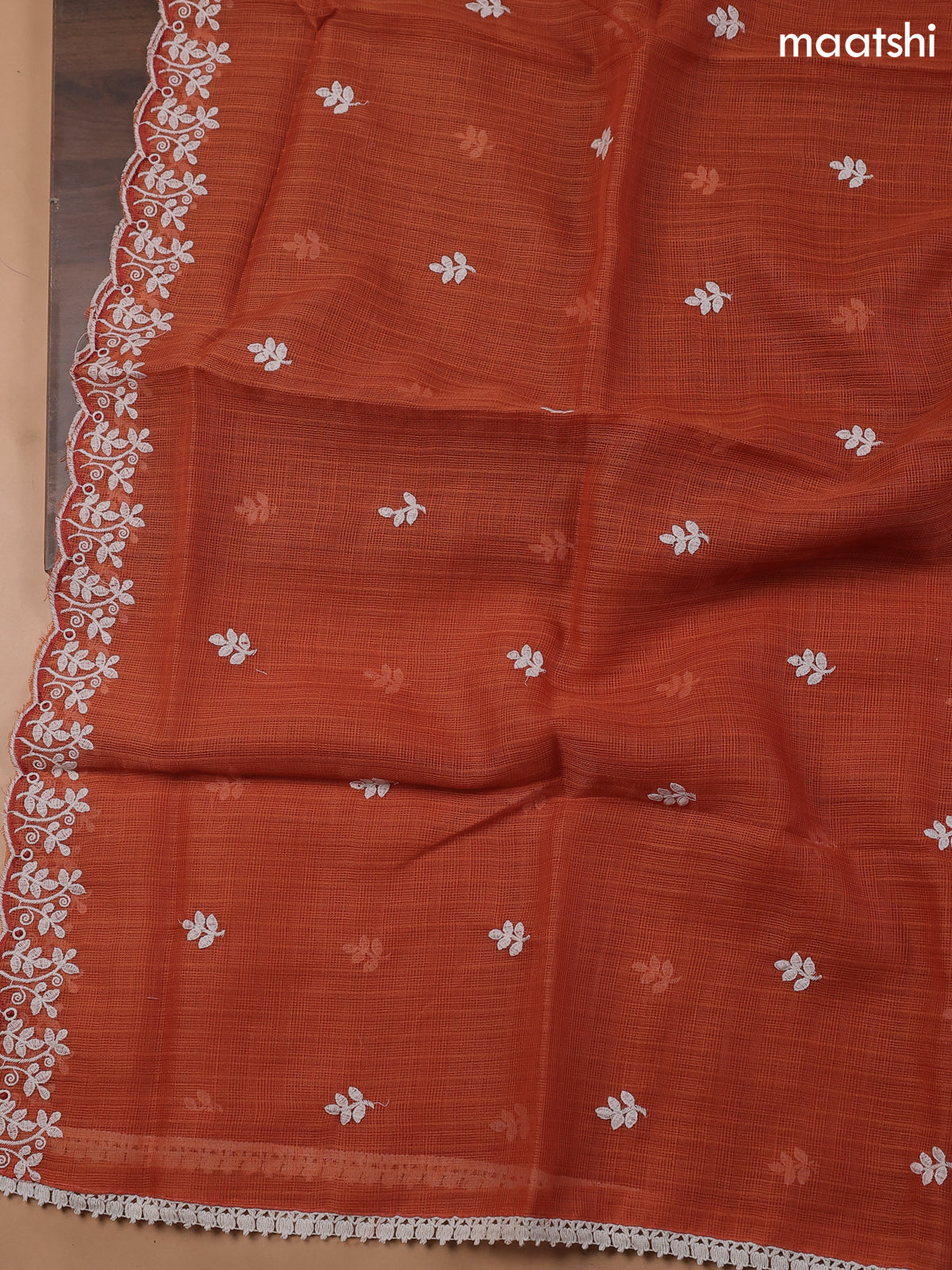 Rust Kota Dress Material With Butta Prints & Embroidery Work Neck Pattern