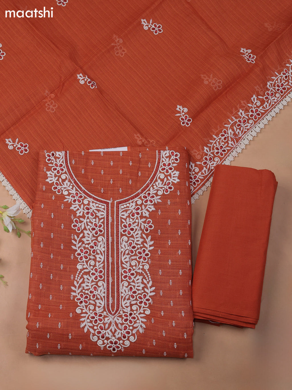 Rust Kota Dress Material With Butta Prints & Embroidery Work Neck Pattern