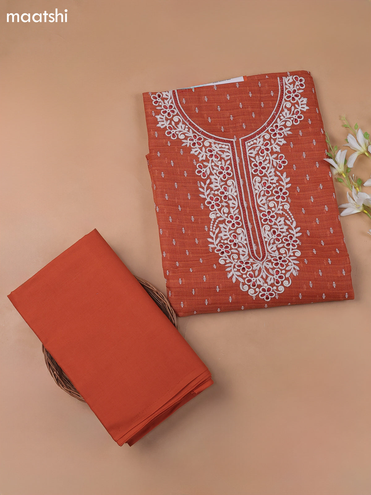 Rust Kota Dress Material With Butta Prints & Embroidery Work Neck Pattern
