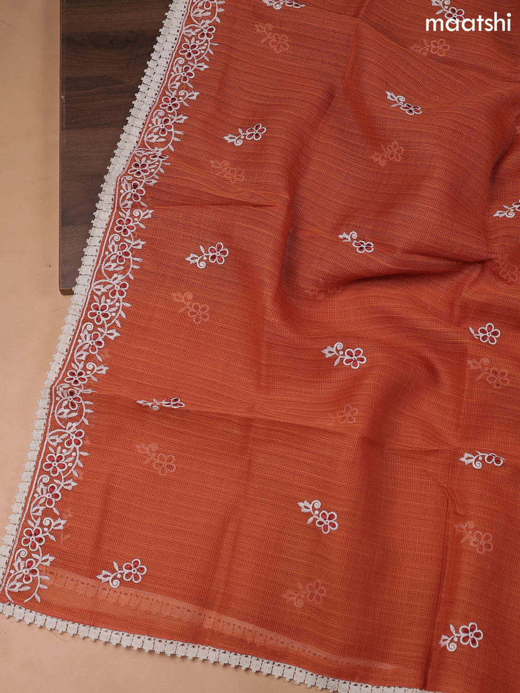 Rust Kota Dress Material With Butta Prints & Embroidery Work Neck Pattern
