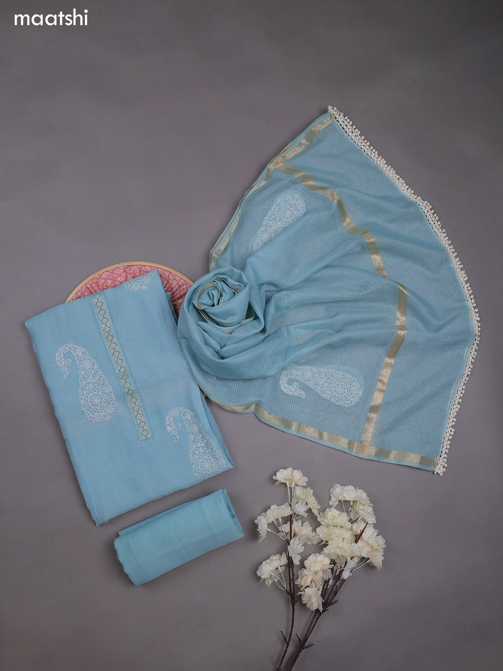 Light Blue Mul Chanderi Dress Materials With Pasiley Embroidery Work Butta Pattern