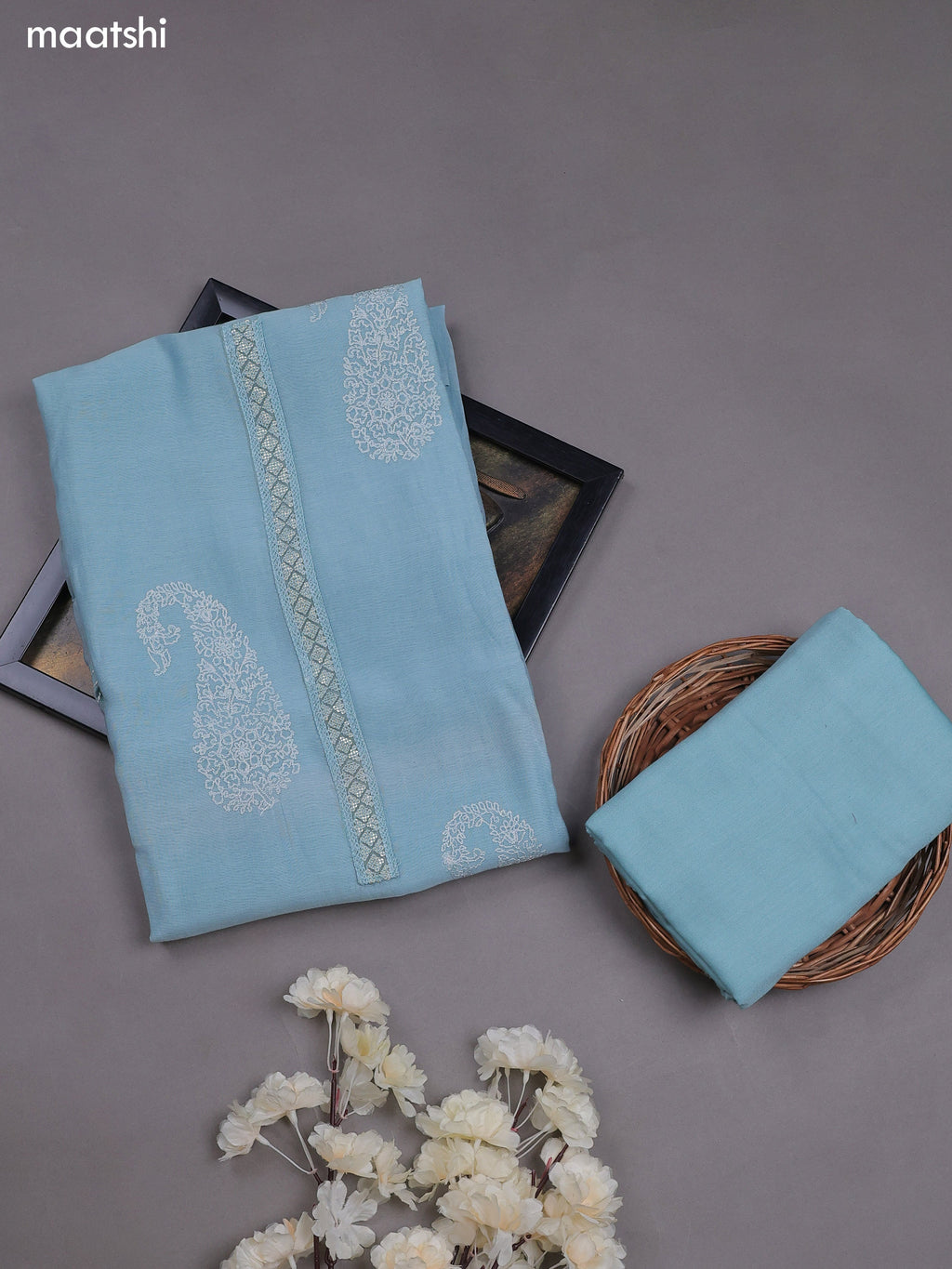 Light Blue Mul Chanderi Dress Materials With Pasiley Embroidery Work Butta Pattern