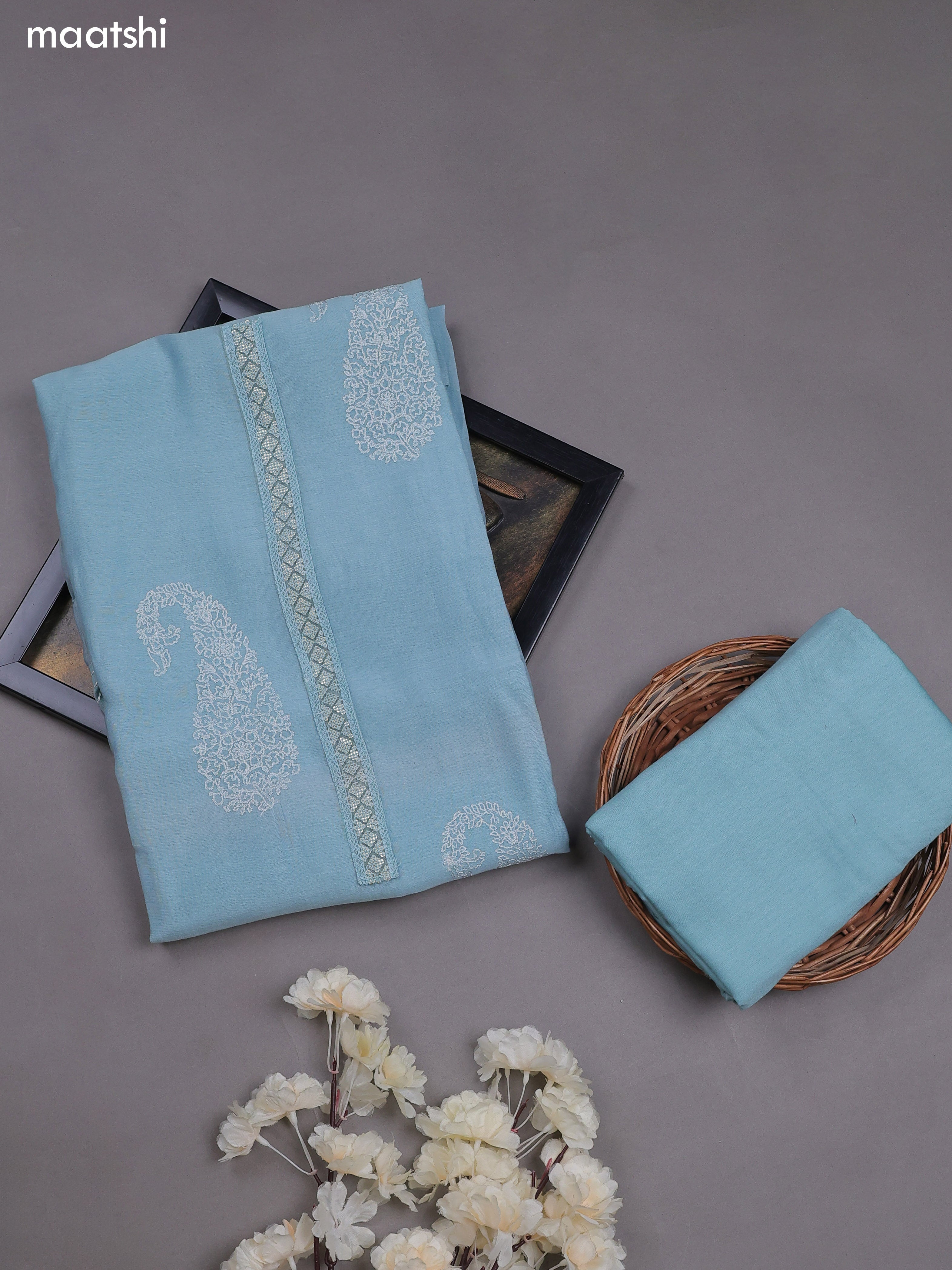 Light Blue Mul Chanderi Dress Materials With Pasiley Embroidery Work Butta Pattern