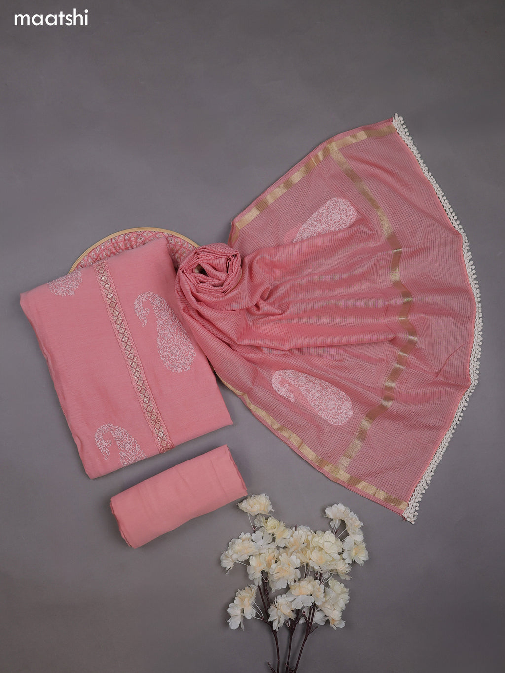 Peach Mul Chanderi Dress Materials With Pasiley Embroidery Work Butta Pattern