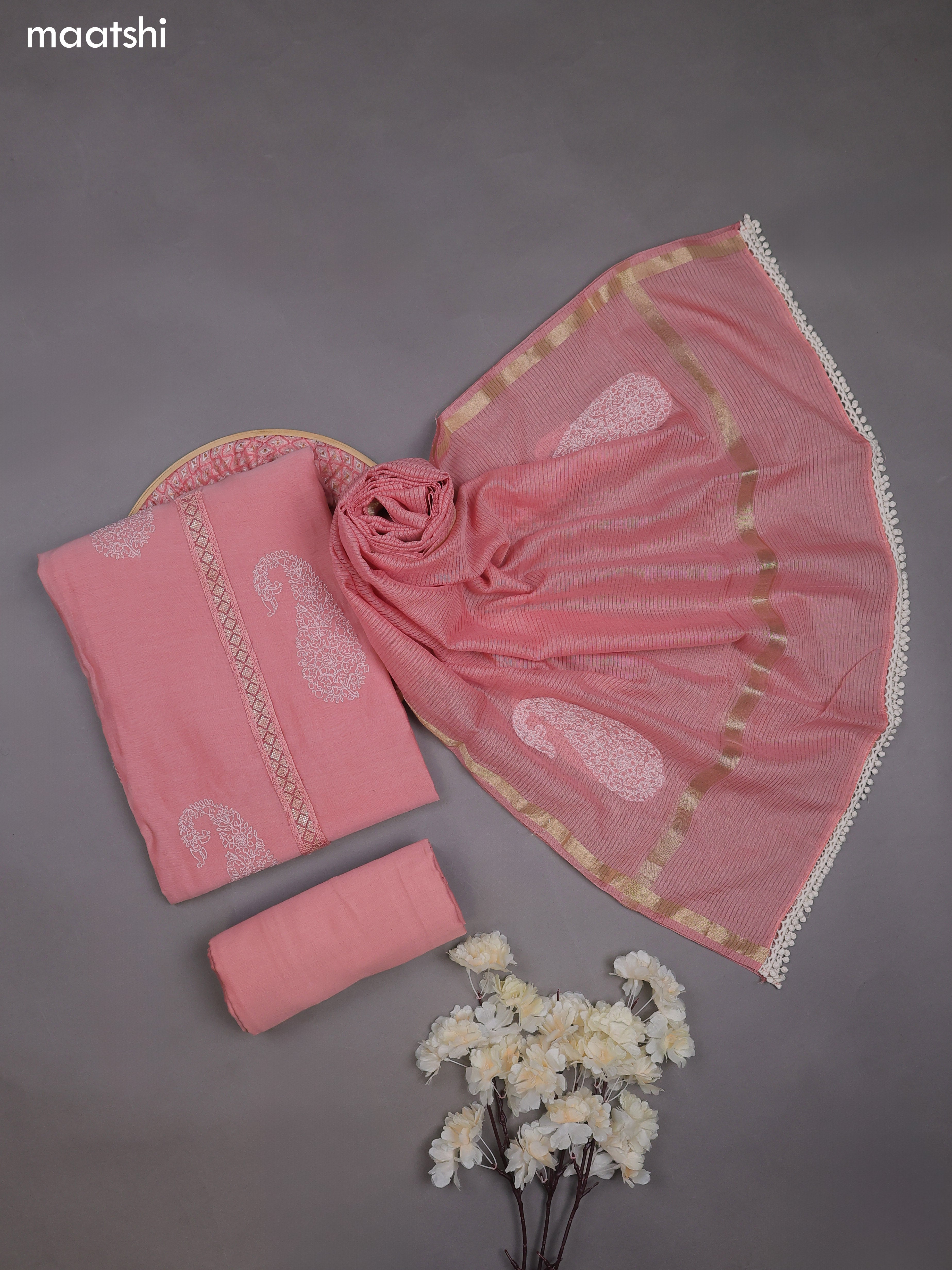 Peach Mul Chanderi Dress Materials With Pasiley Embroidery Work Butta Pattern