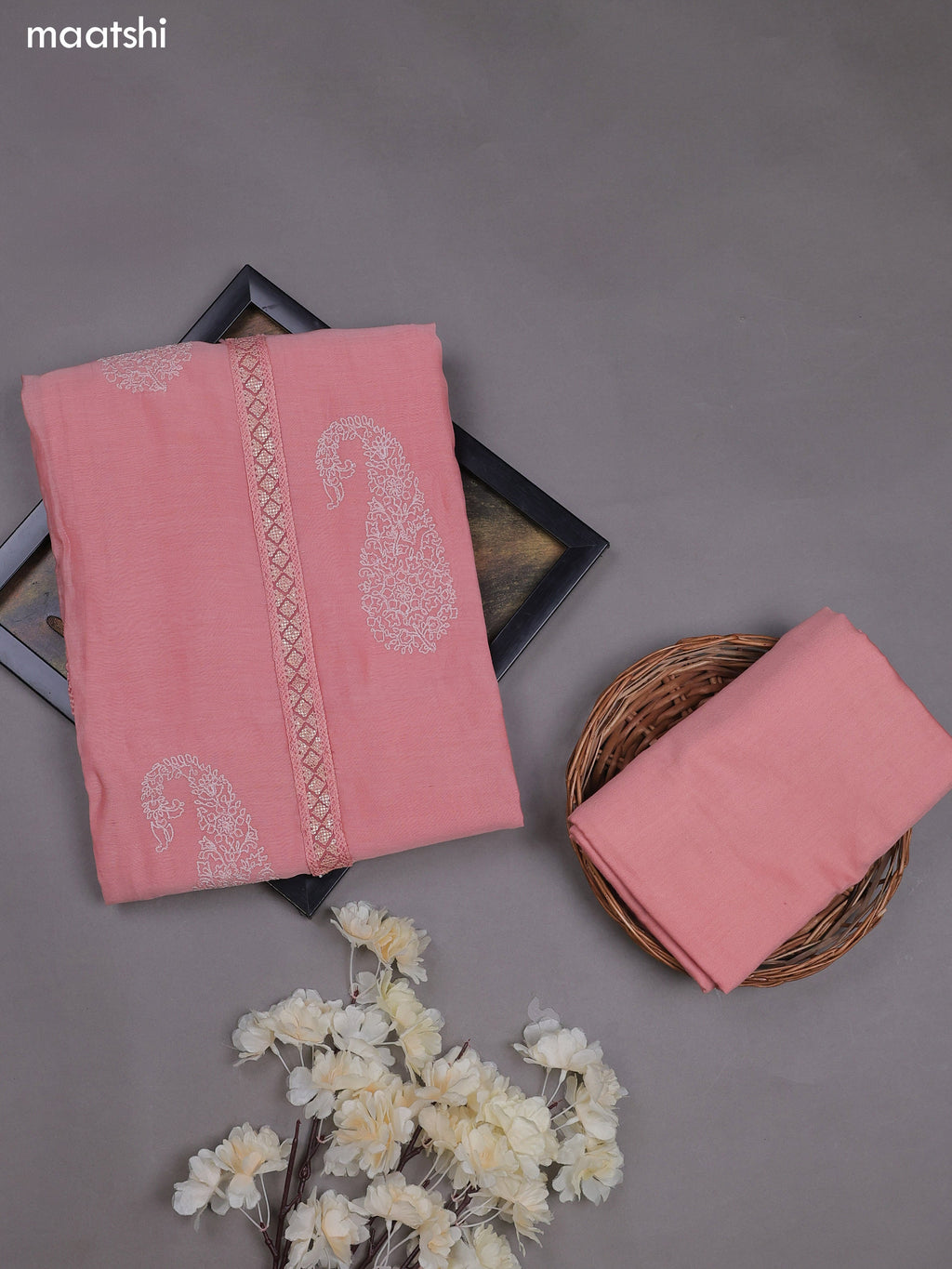 Peach Mul Chanderi Dress Materials With Pasiley Embroidery Work Butta Pattern