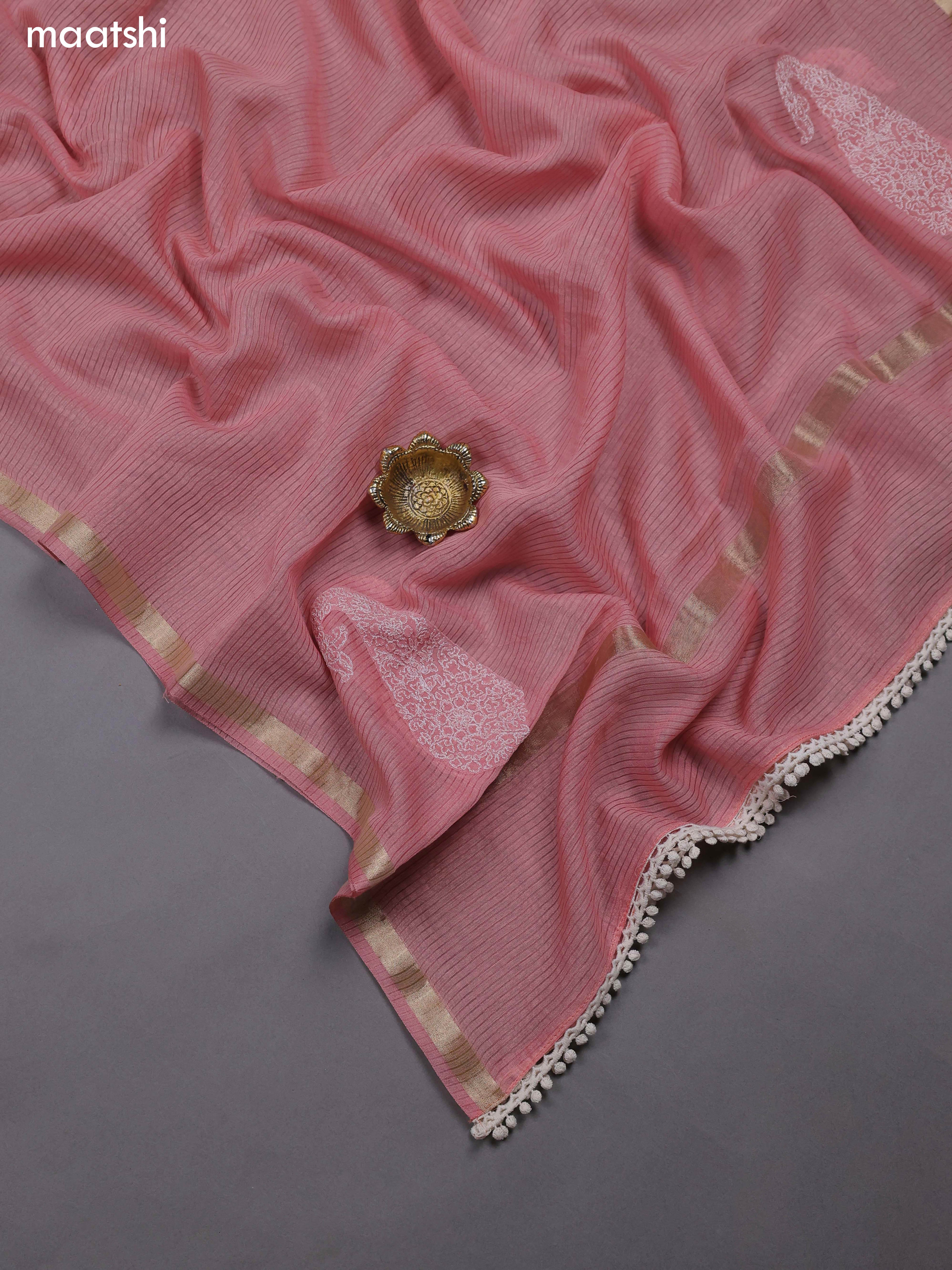 Peach Mul Chanderi Dress Materials With Pasiley Embroidery Work Butta Pattern