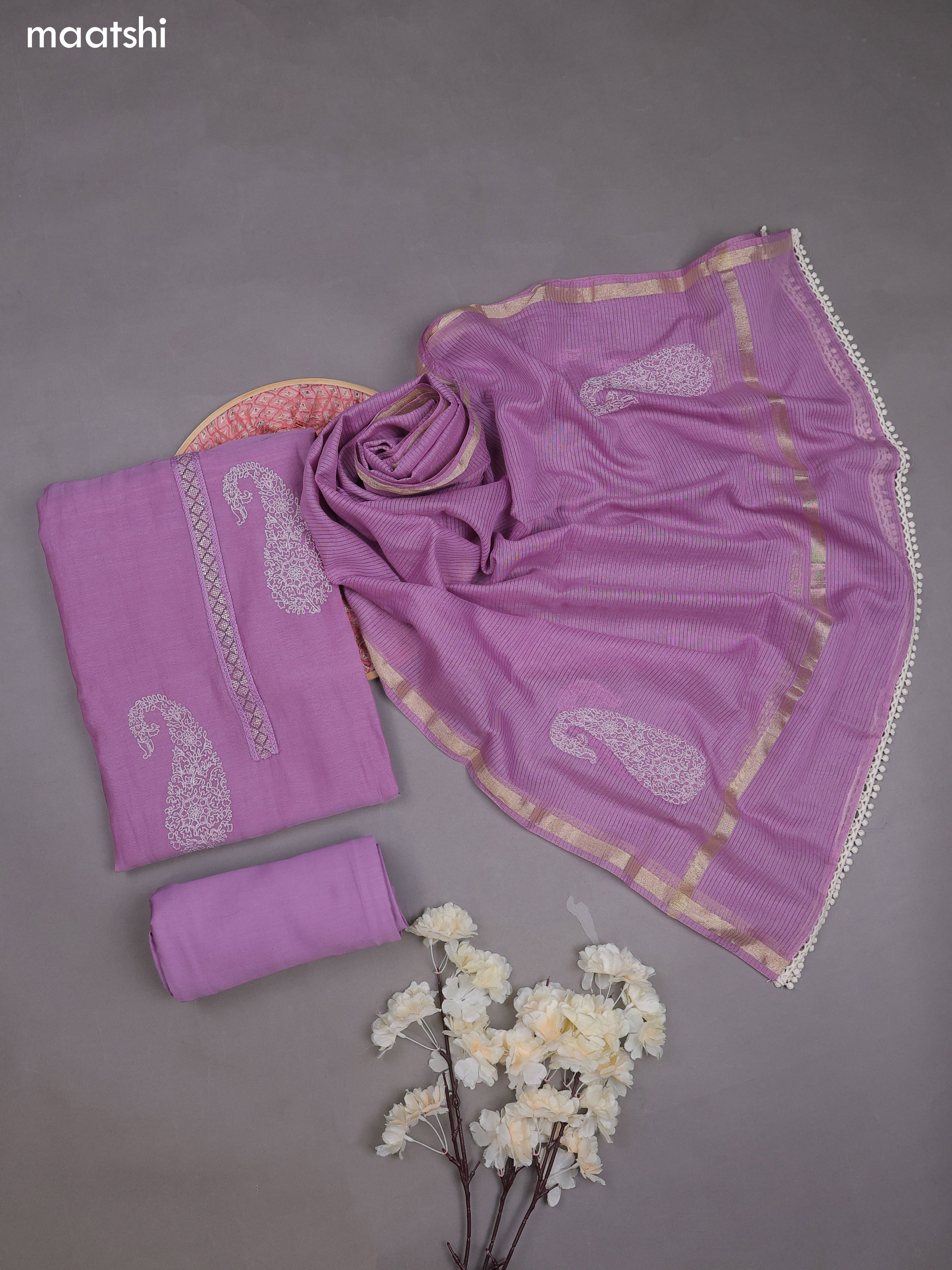 Lavender Mul Chanderi Dress Materials With Pasiley Embroidery Work Butta Pattern