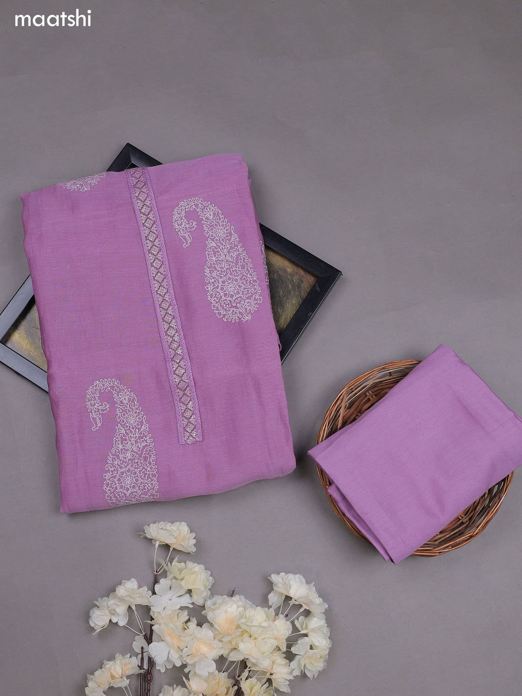 Lavender Mul Chanderi Dress Materials With Pasiley Embroidery Work Butta Pattern