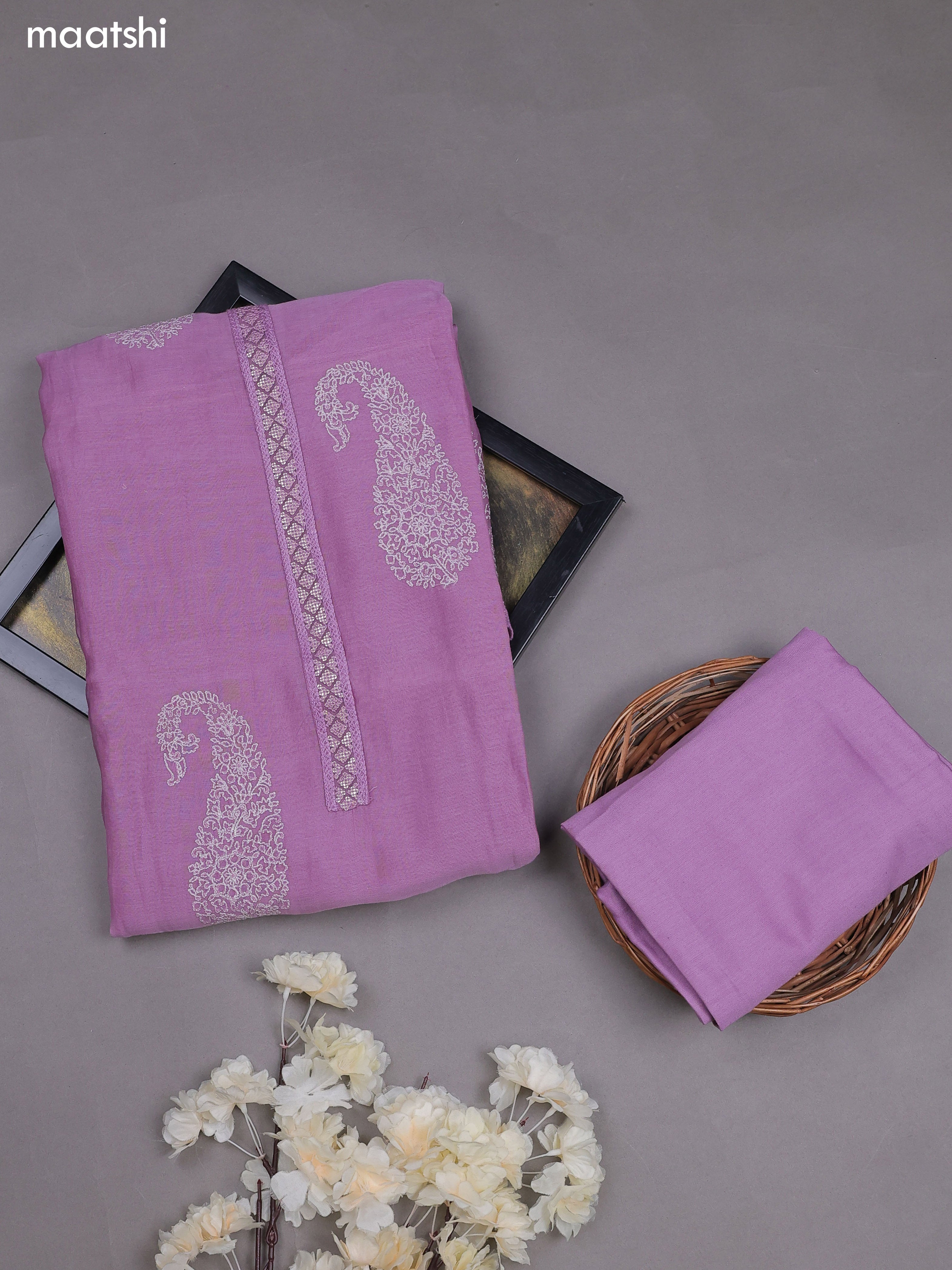 Lavender Mul Chanderi Dress Materials With Pasiley Embroidery Work Butta Pattern