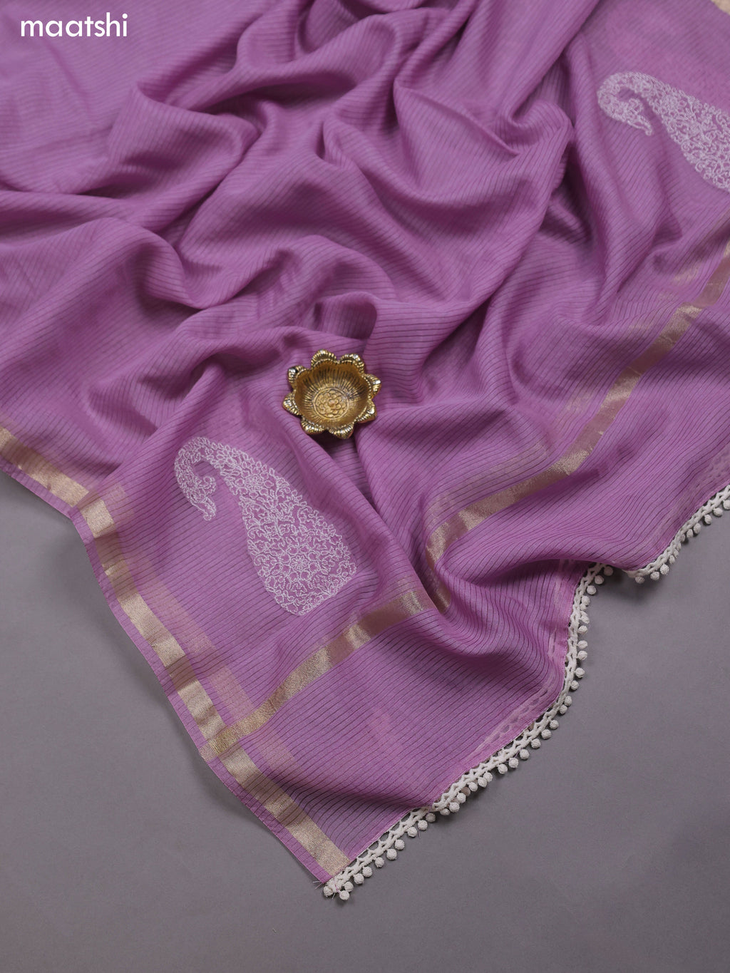 Lavender Mul Chanderi Dress Materials With Pasiley Embroidery Work Butta Pattern