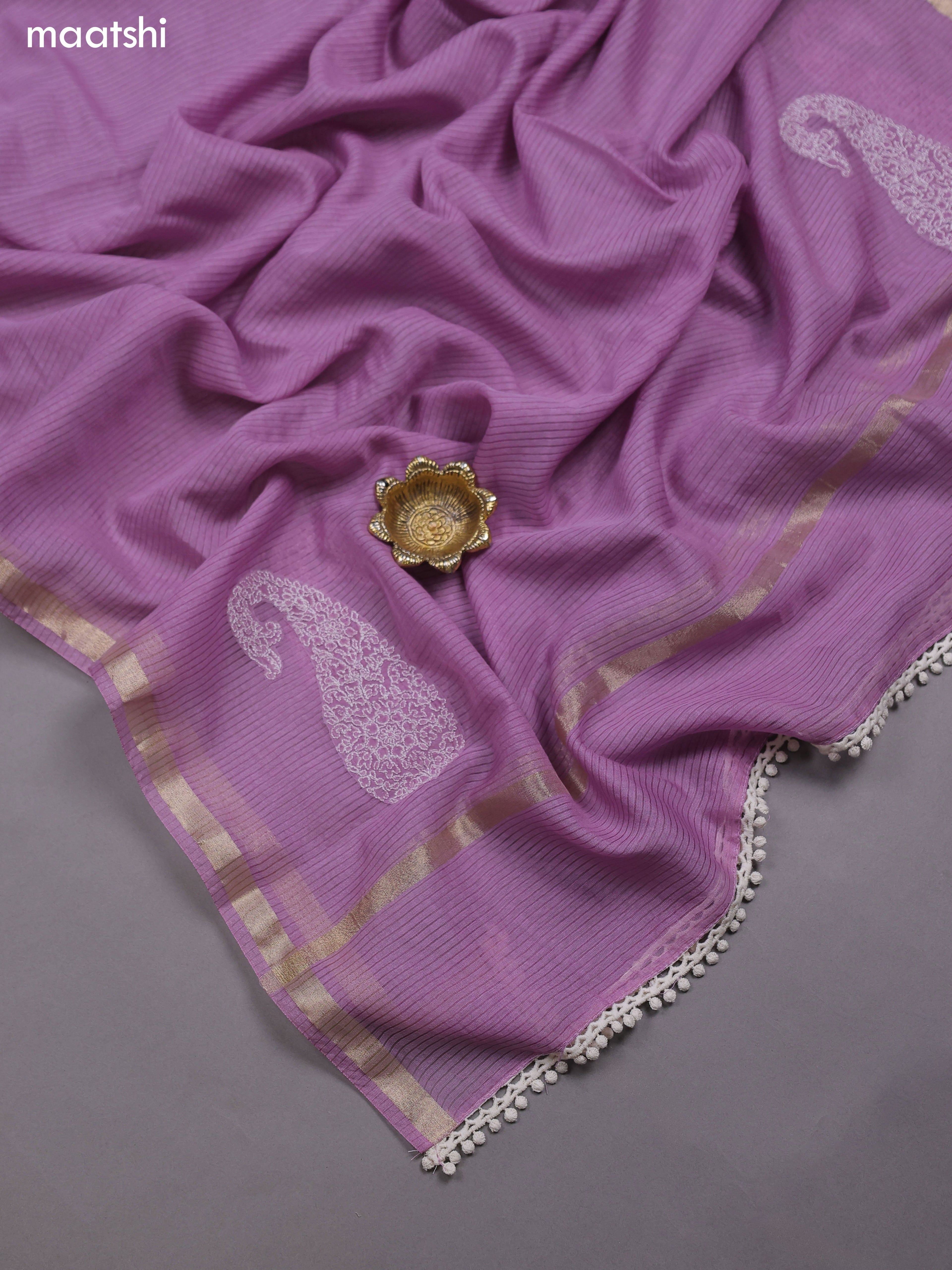 Lavender Mul Chanderi Dress Materials With Pasiley Embroidery Work Butta Pattern