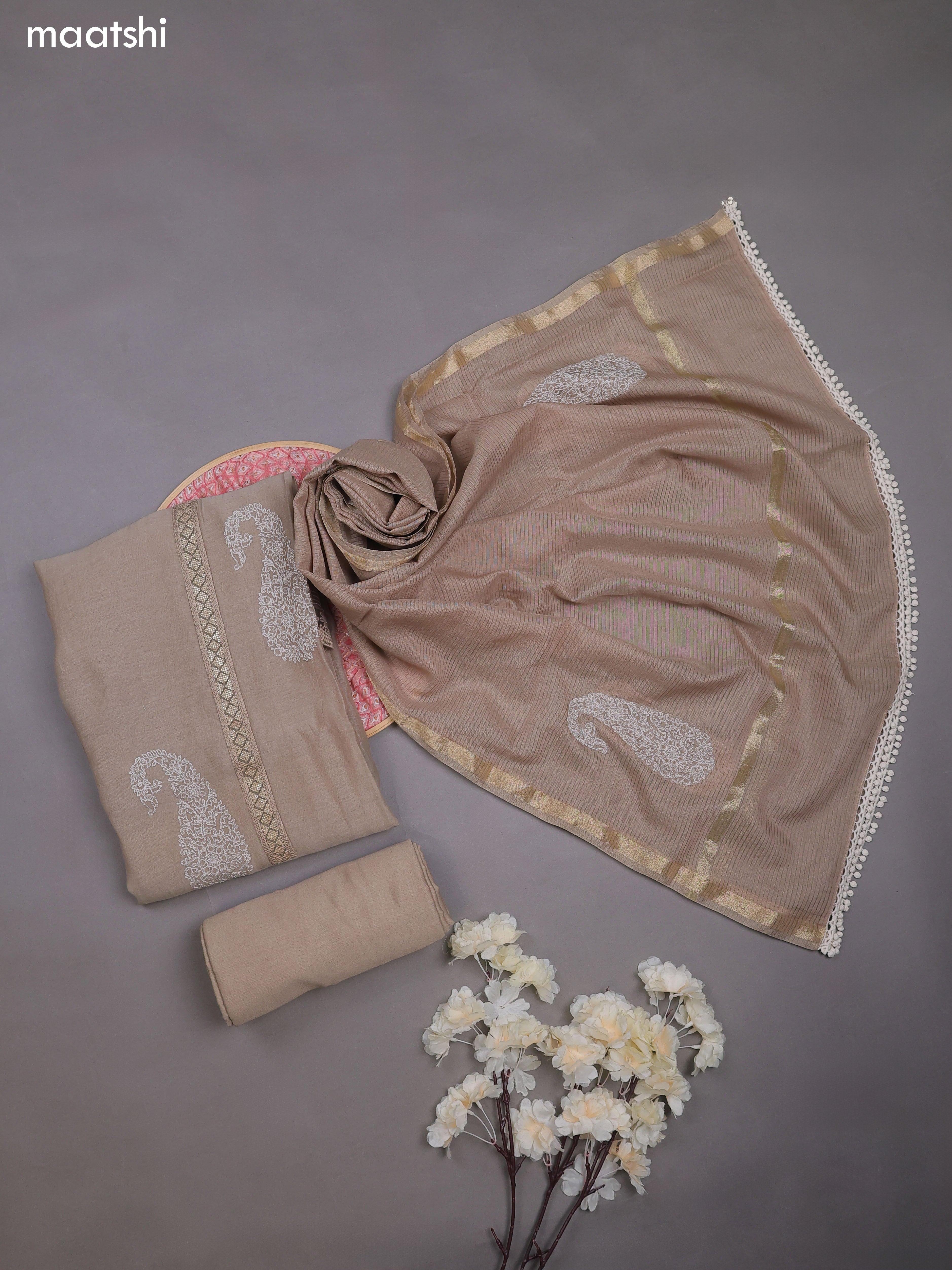 Pastel Brown Mul Chanderi Dress Materials With Pasiley Embroidery Work Butta Pattern