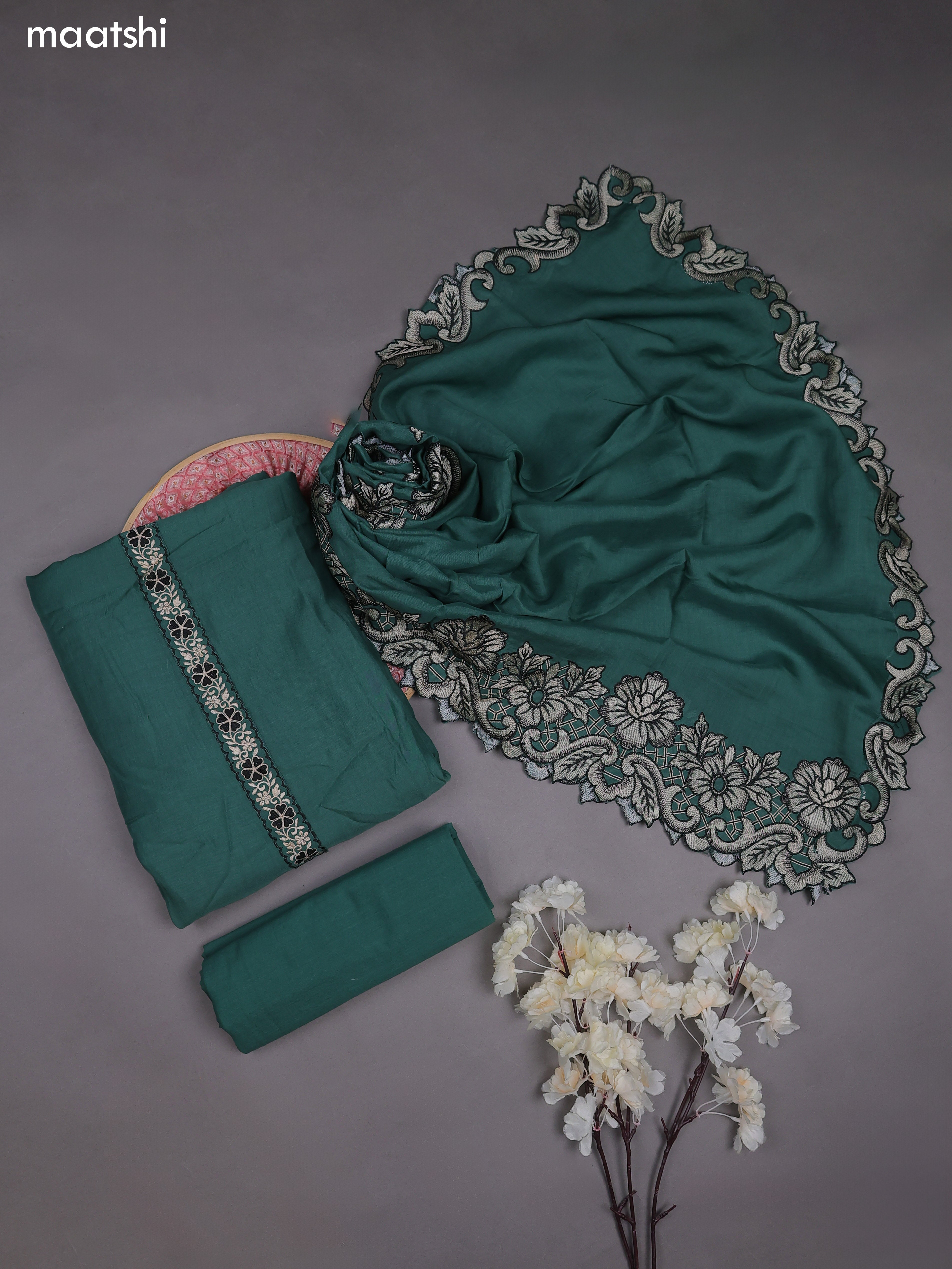 Dark Green Mul Chanderi Dress Materials With Embroidery Work