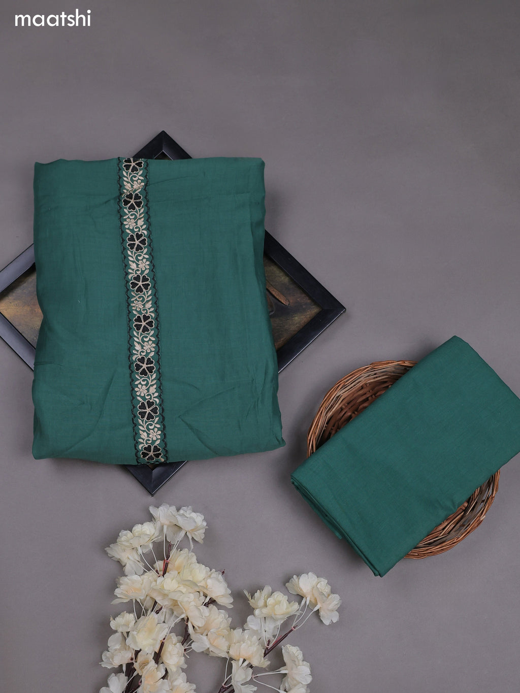 Dark Green Mul Chanderi Dress Materials With Embroidery Work