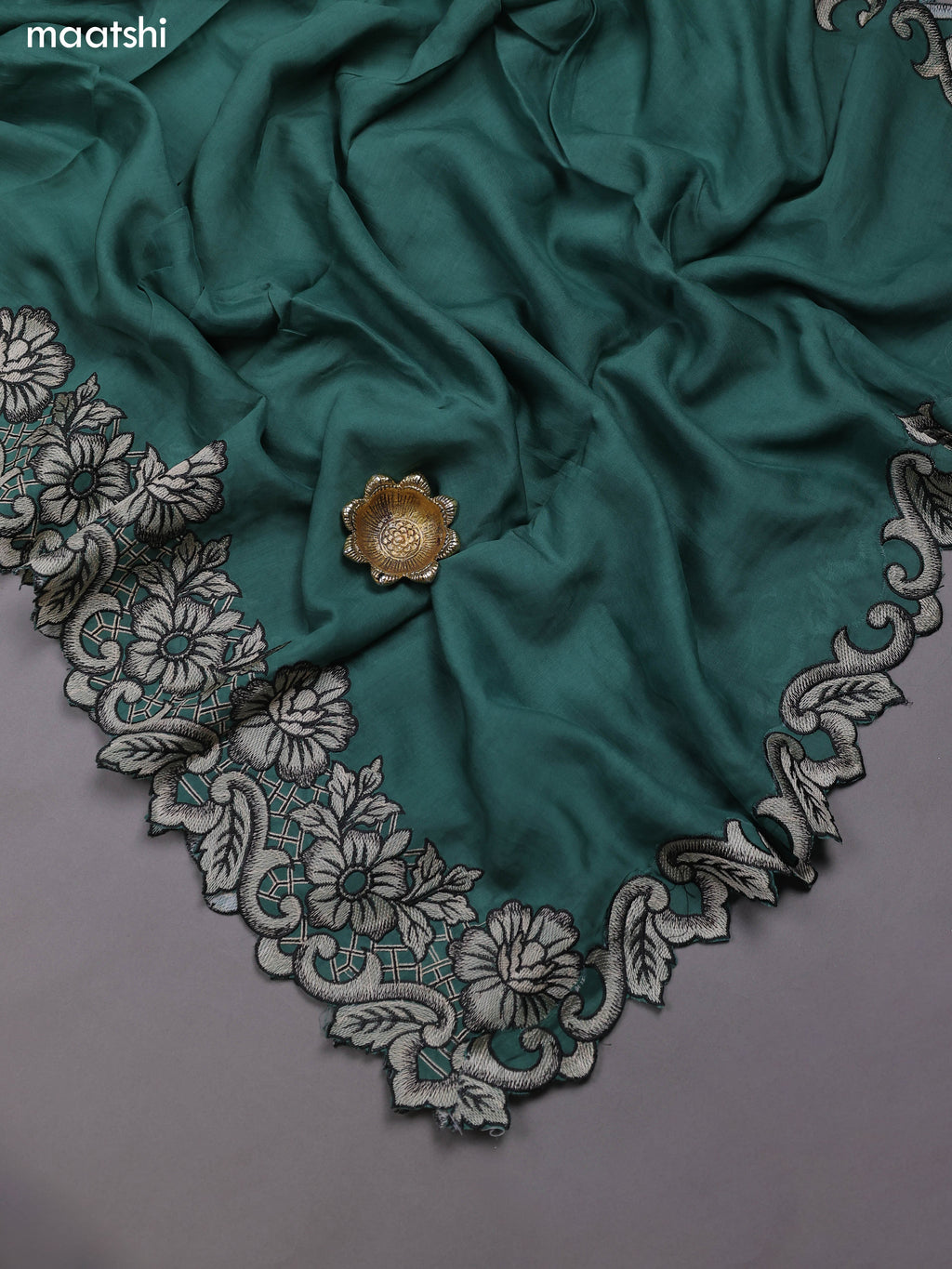 Dark Green Mul Chanderi Dress Materials With Embroidery Work