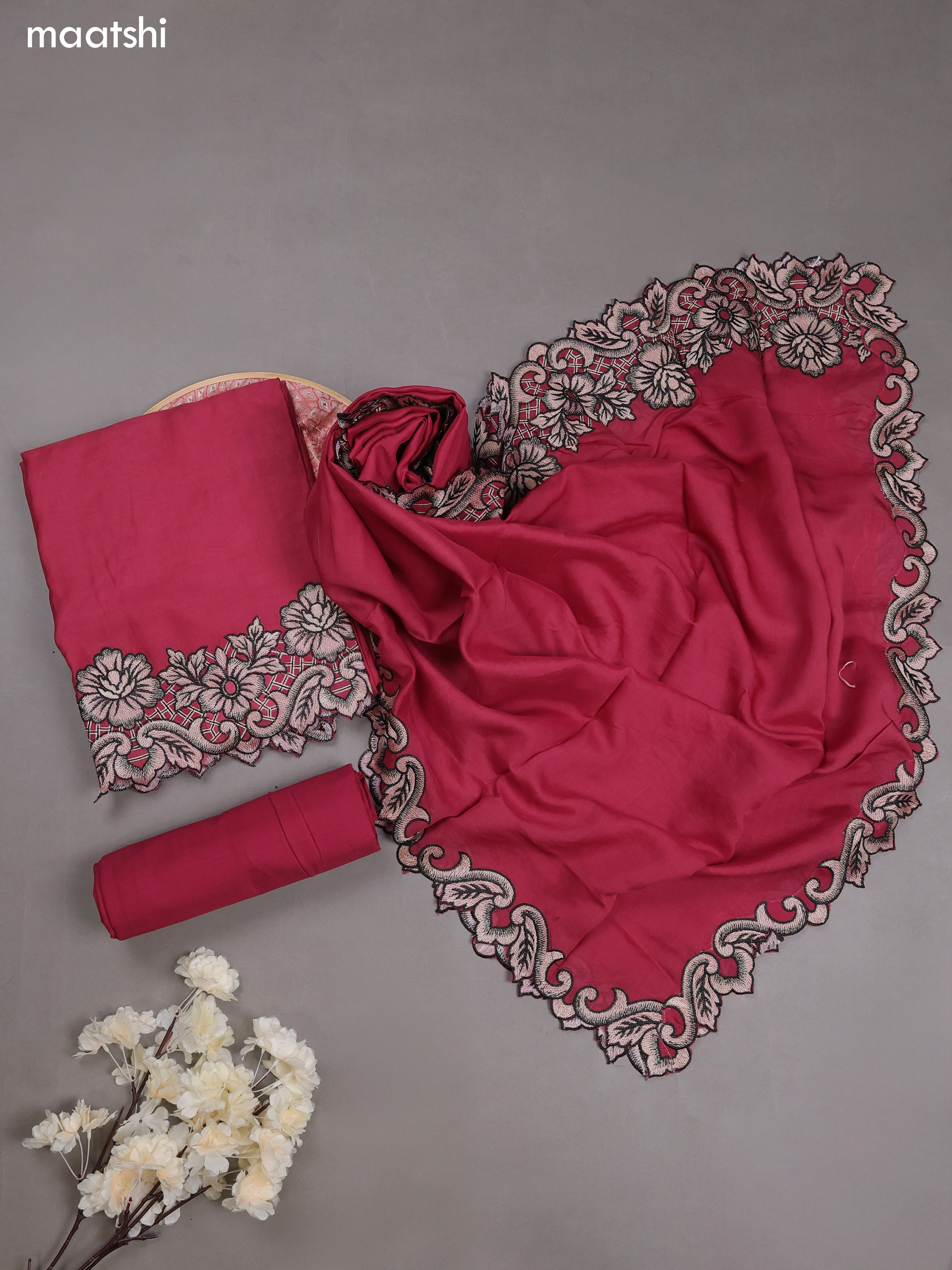 Dark Pink Mul Chanderi Dress Materials With Embroidery Work