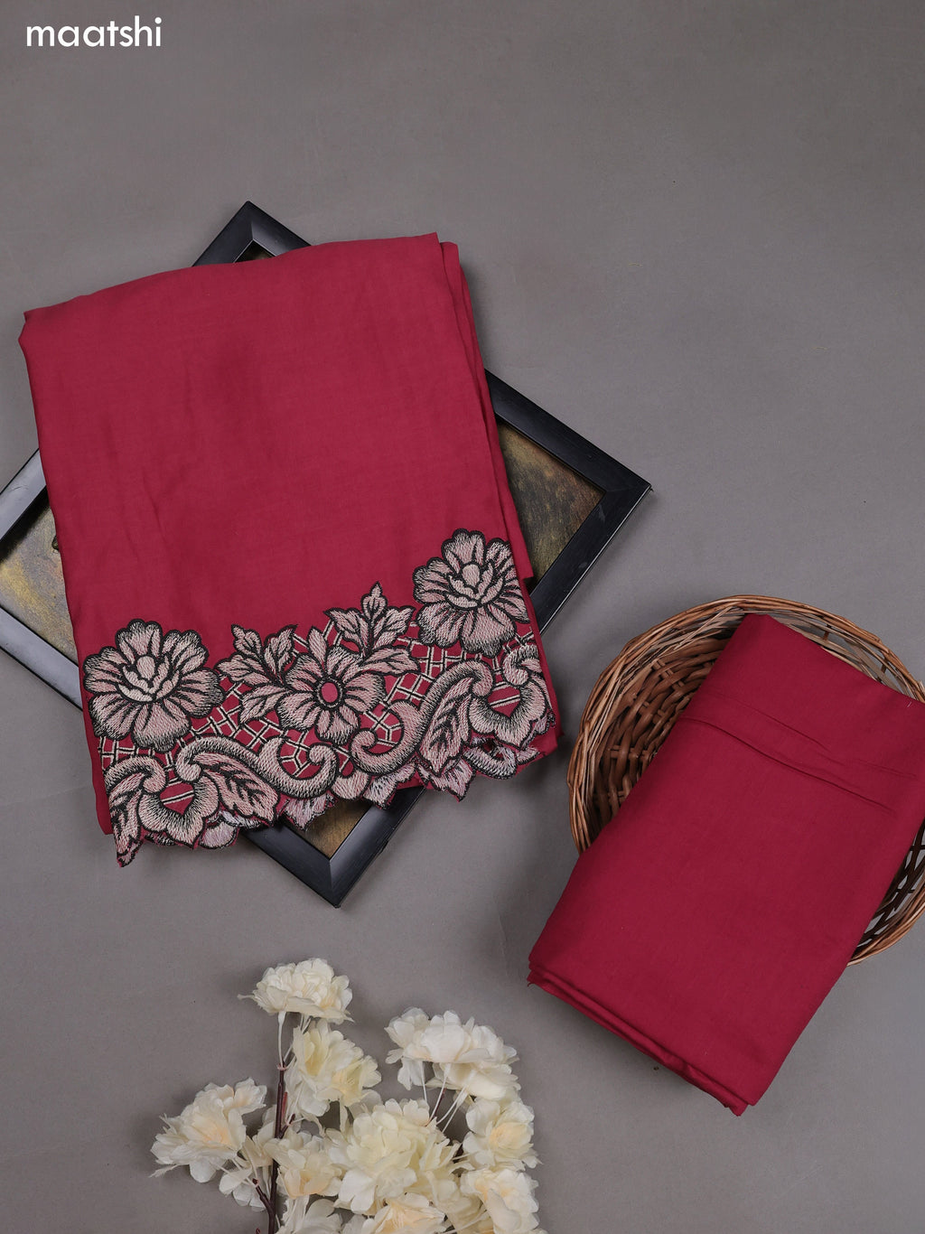 Dark Pink Mul Chanderi Dress Materials With Embroidery Work