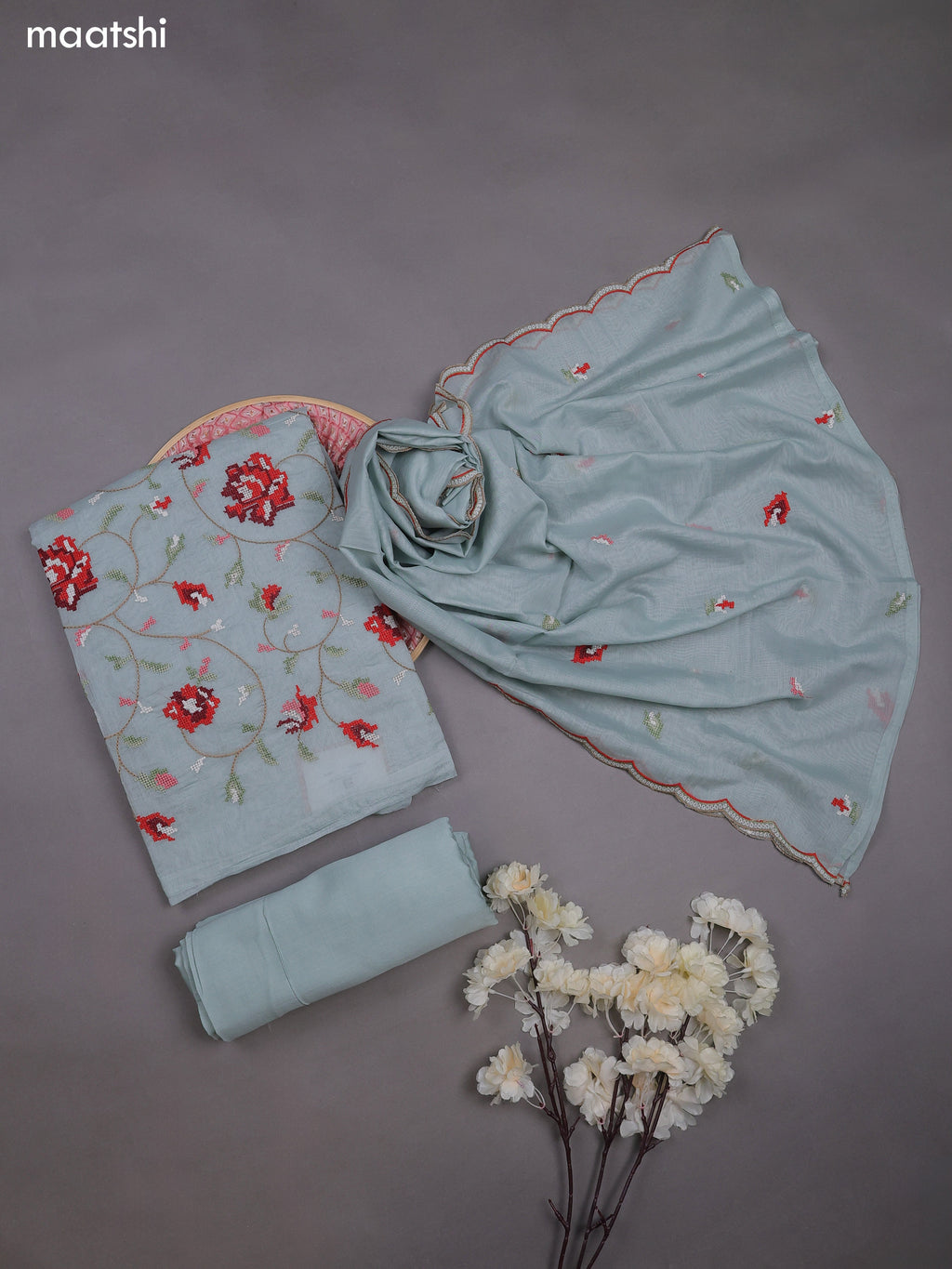 Teal Blue Mul Chanderi Dress Materials With Embroidery Work