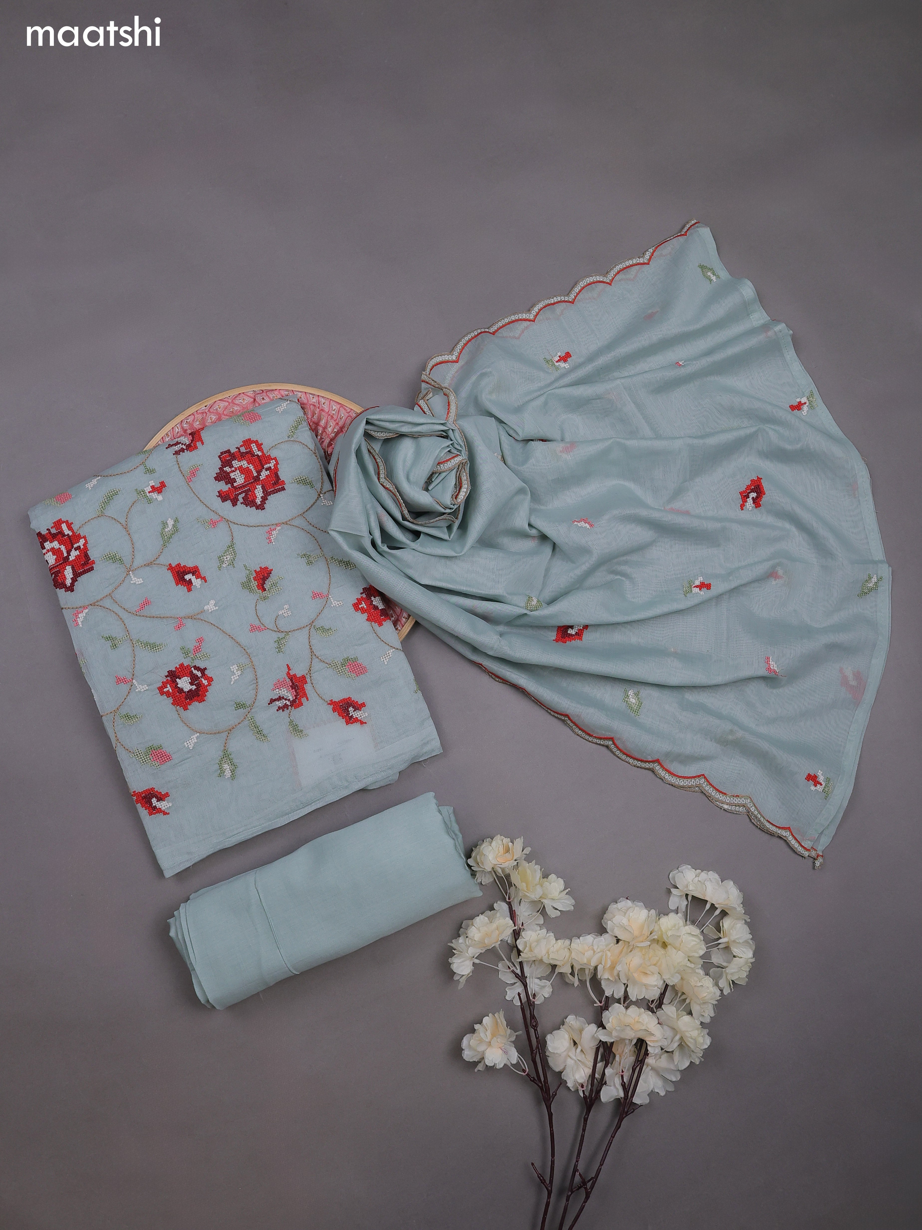 Teal Blue Mul Chanderi Dress Materials With Embroidery Work