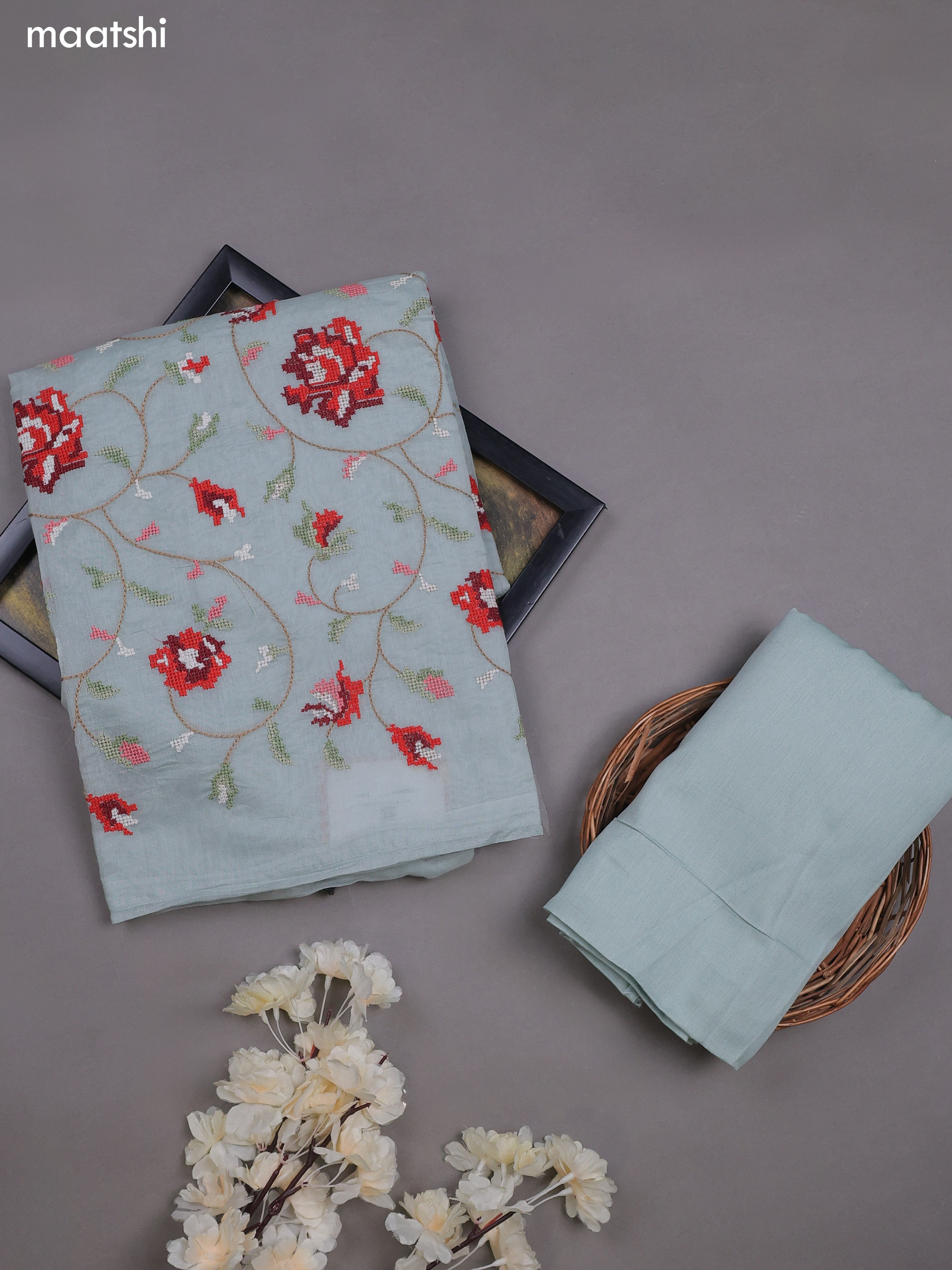 Teal Blue Mul Chanderi Dress Materials With Embroidery Work