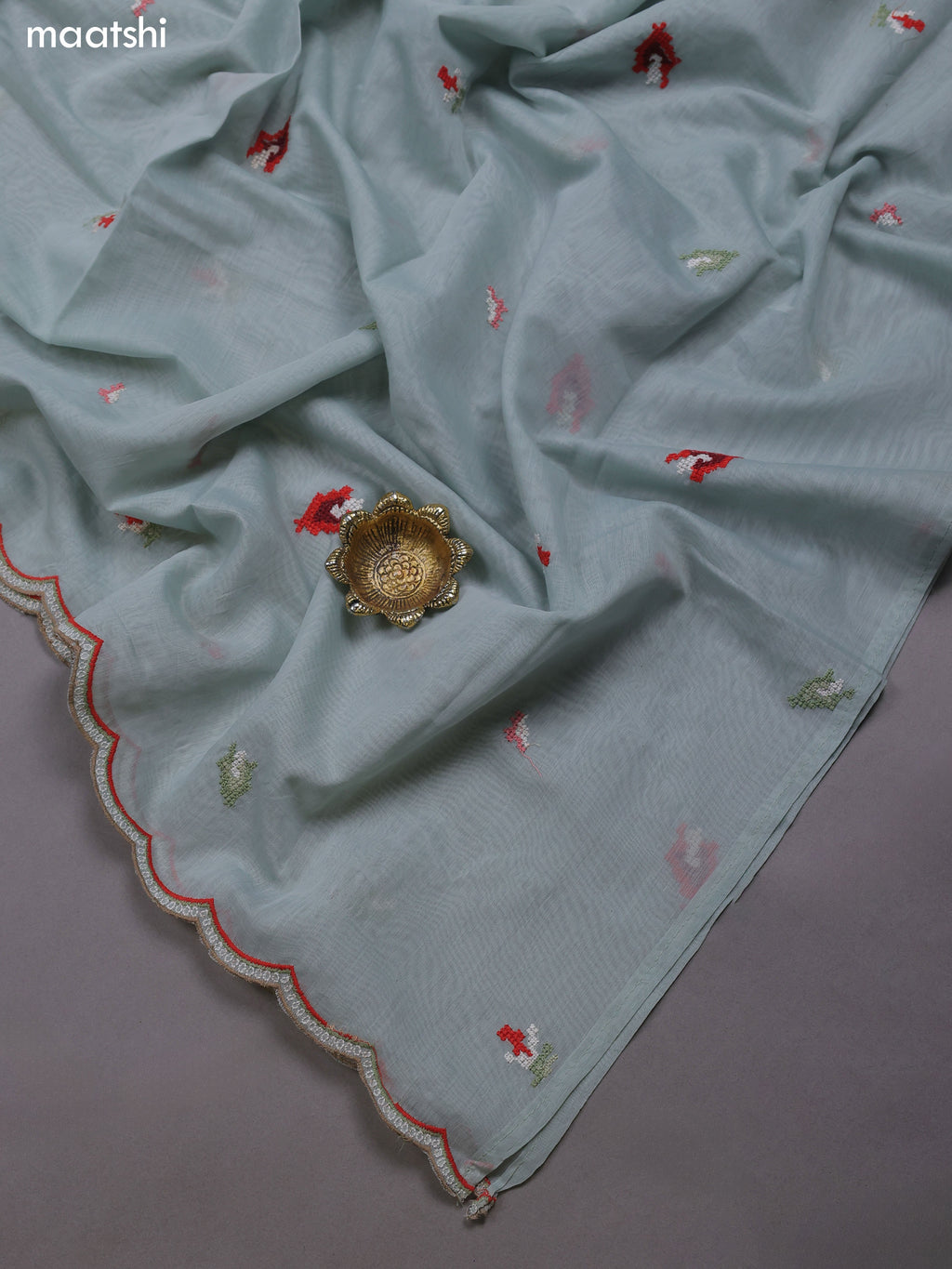 Teal Blue Mul Chanderi Dress Materials With Embroidery Work
