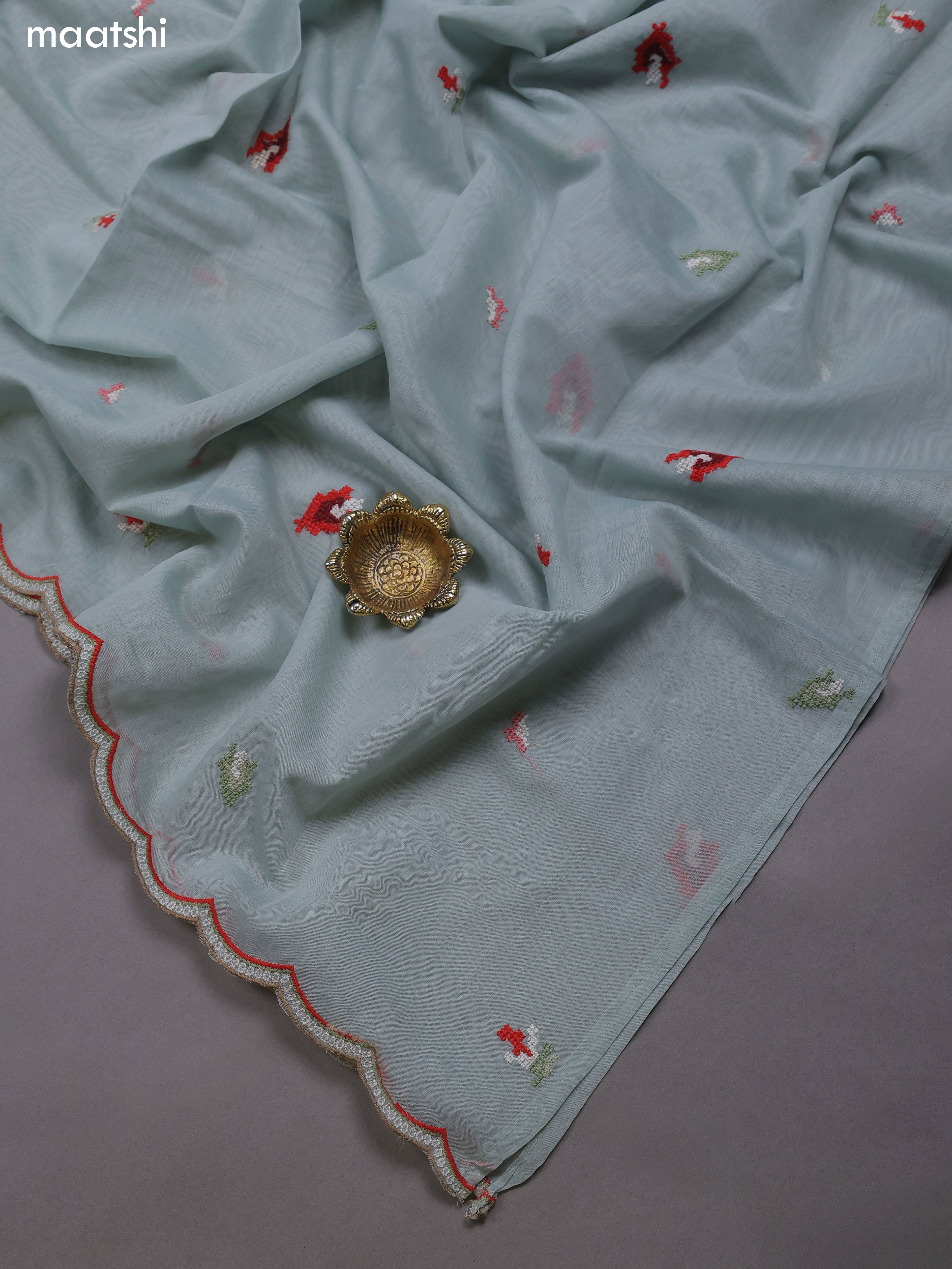 Teal Blue Mul Chanderi Dress Materials With Embroidery Work