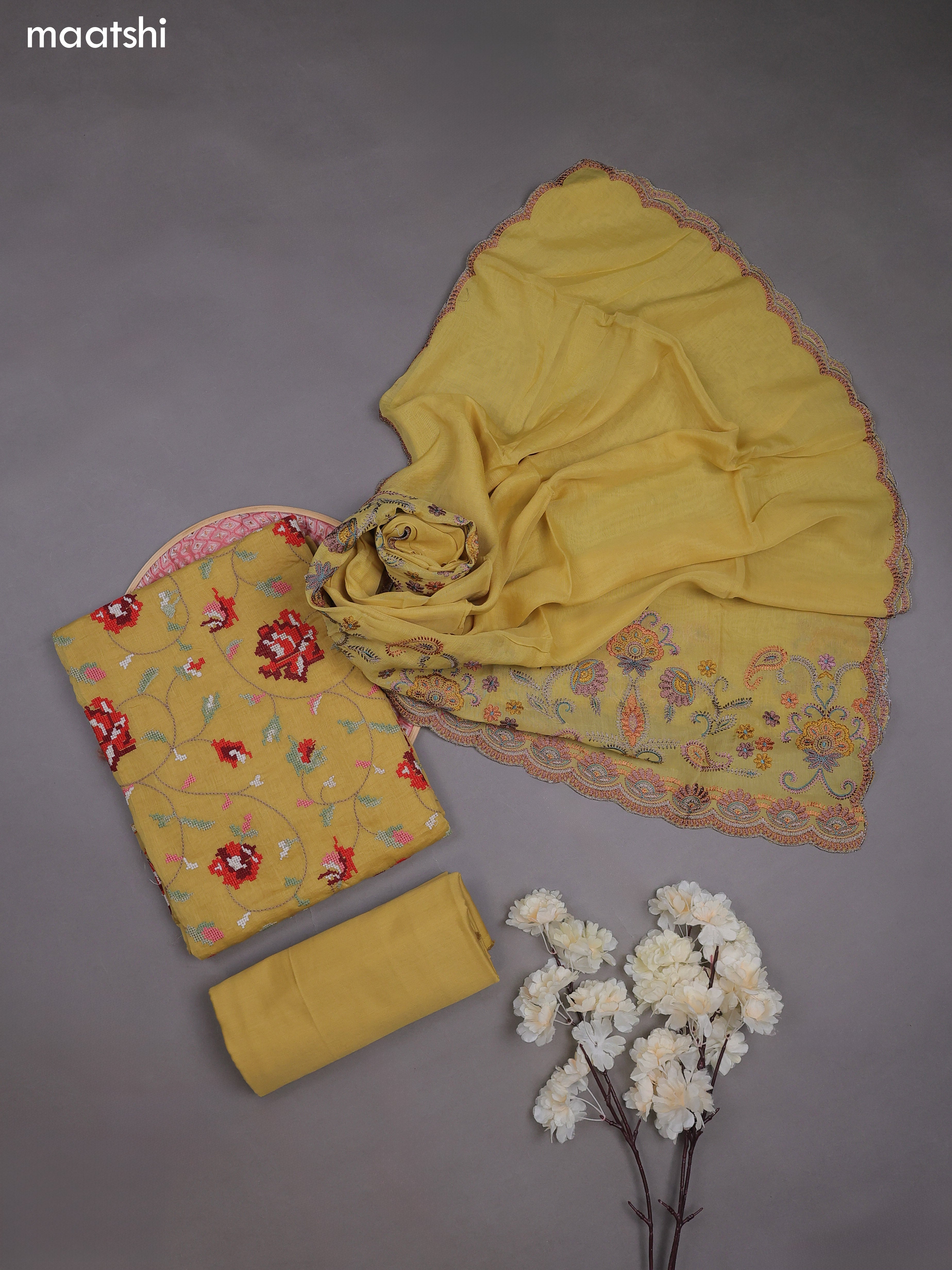 Yellow Mul Chanderi Dress Materials With Embroidery Work
