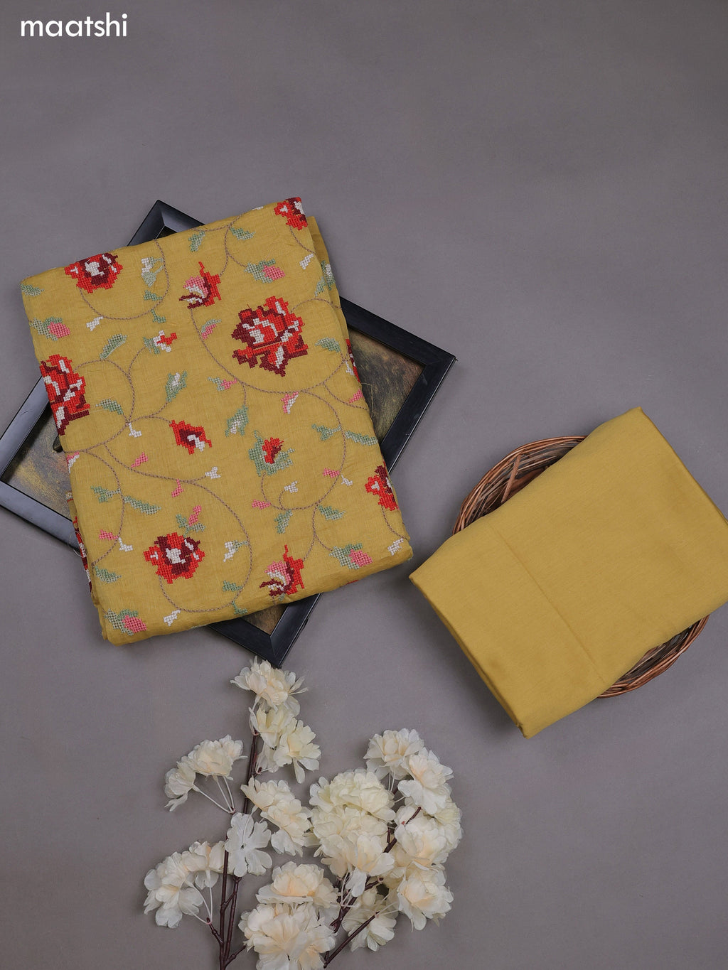 Yellow Mul Chanderi Dress Materials With Embroidery Work