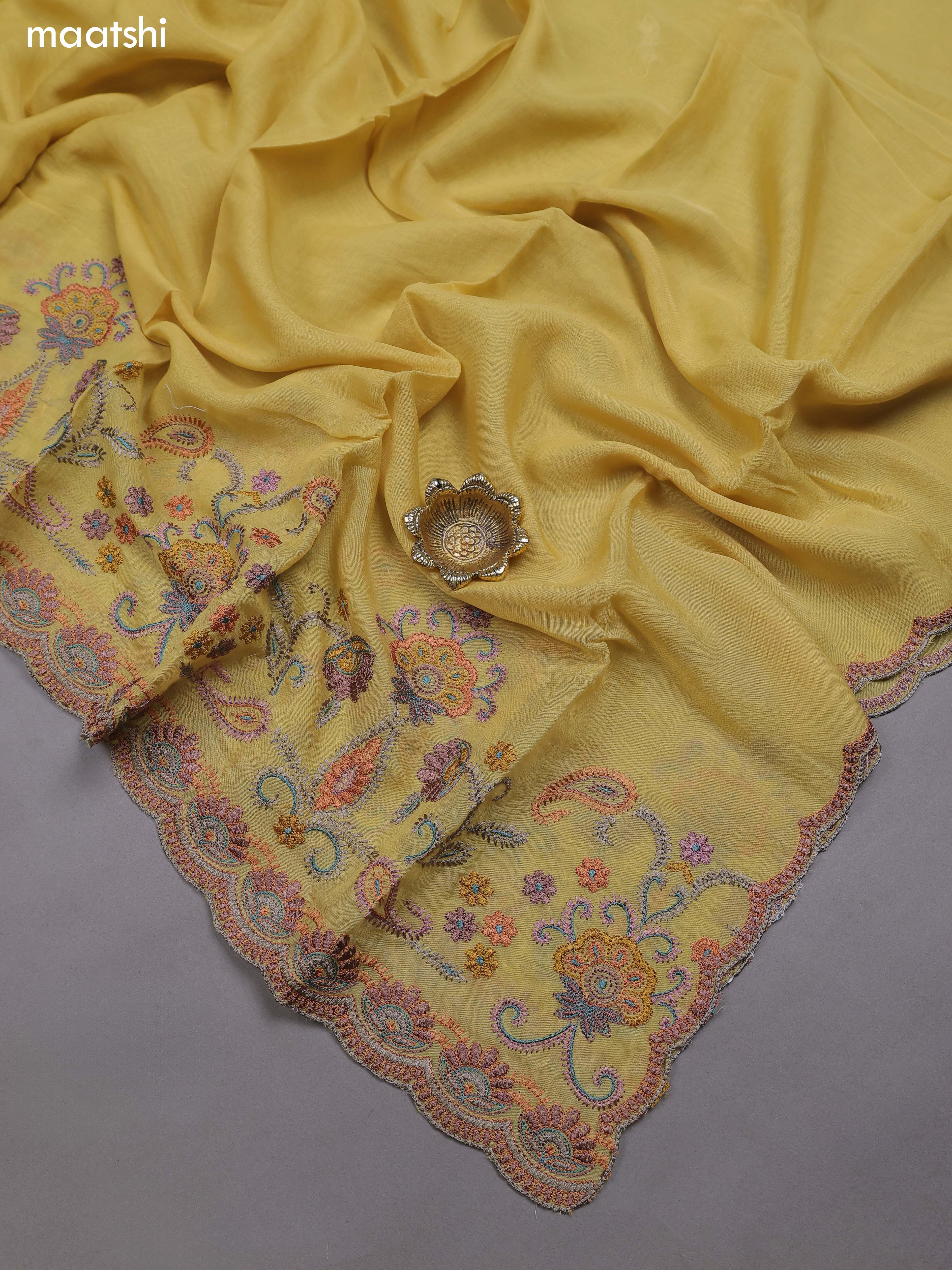 Yellow Mul Chanderi Dress Materials With Embroidery Work