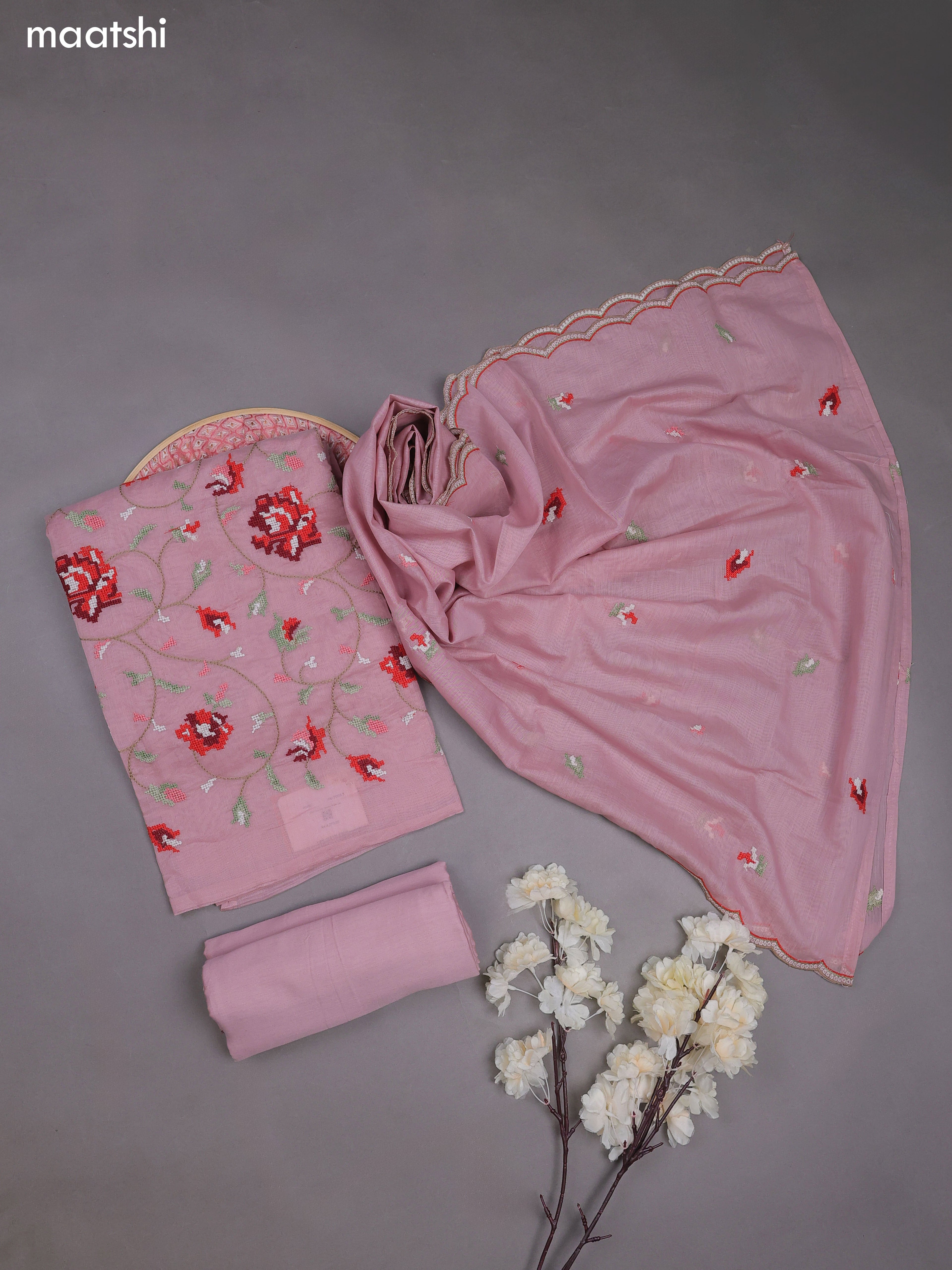 Lotus Pink Mul Chanderi Dress Materials With Embroidery Work