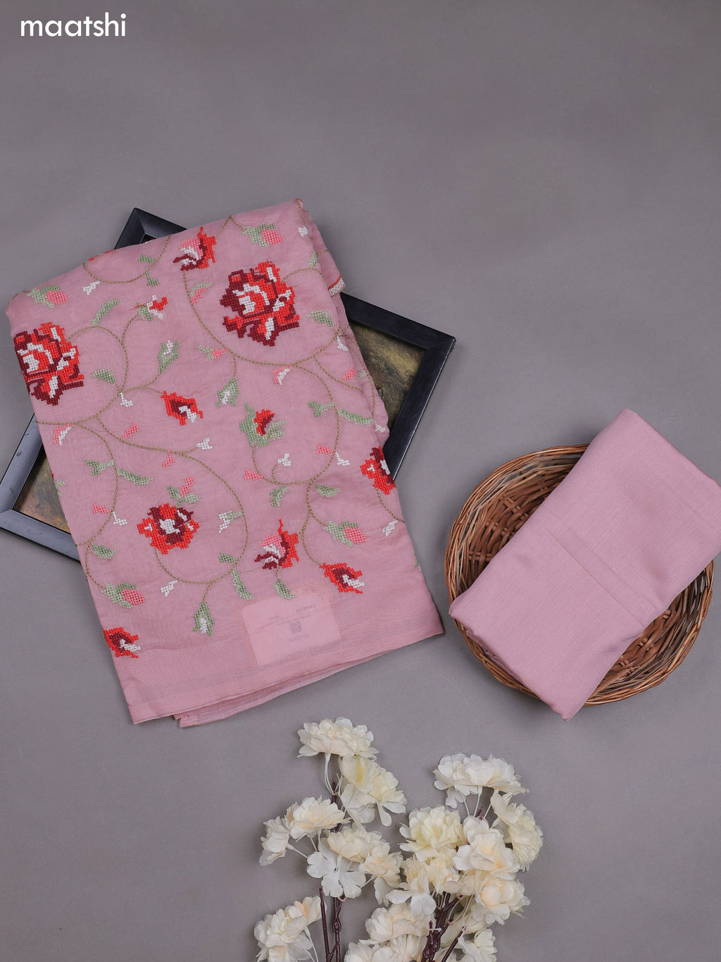 Lotus Pink Mul Chanderi Dress Materials With Embroidery Work