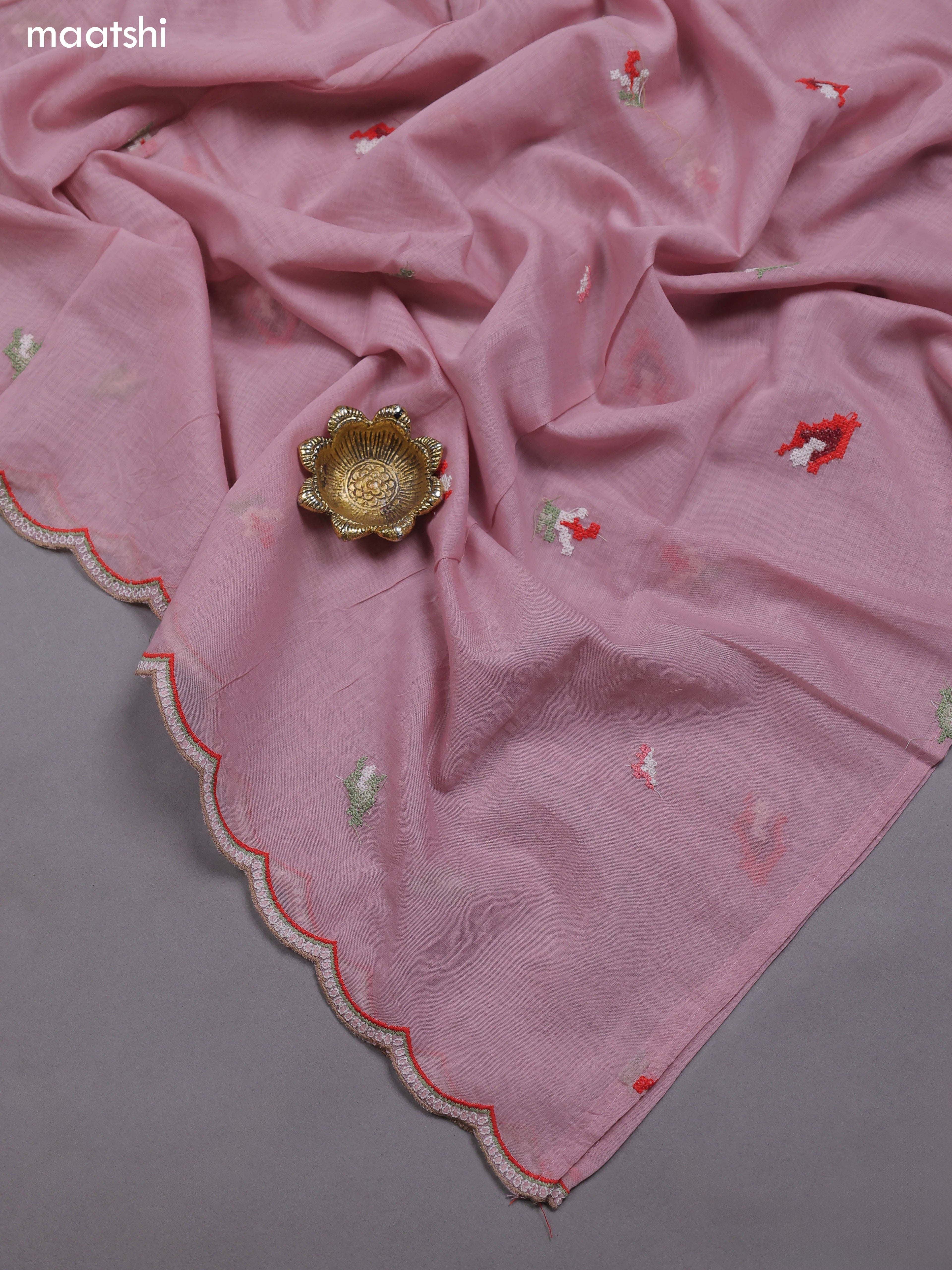 Lotus Pink Mul Chanderi Dress Materials With Embroidery Work