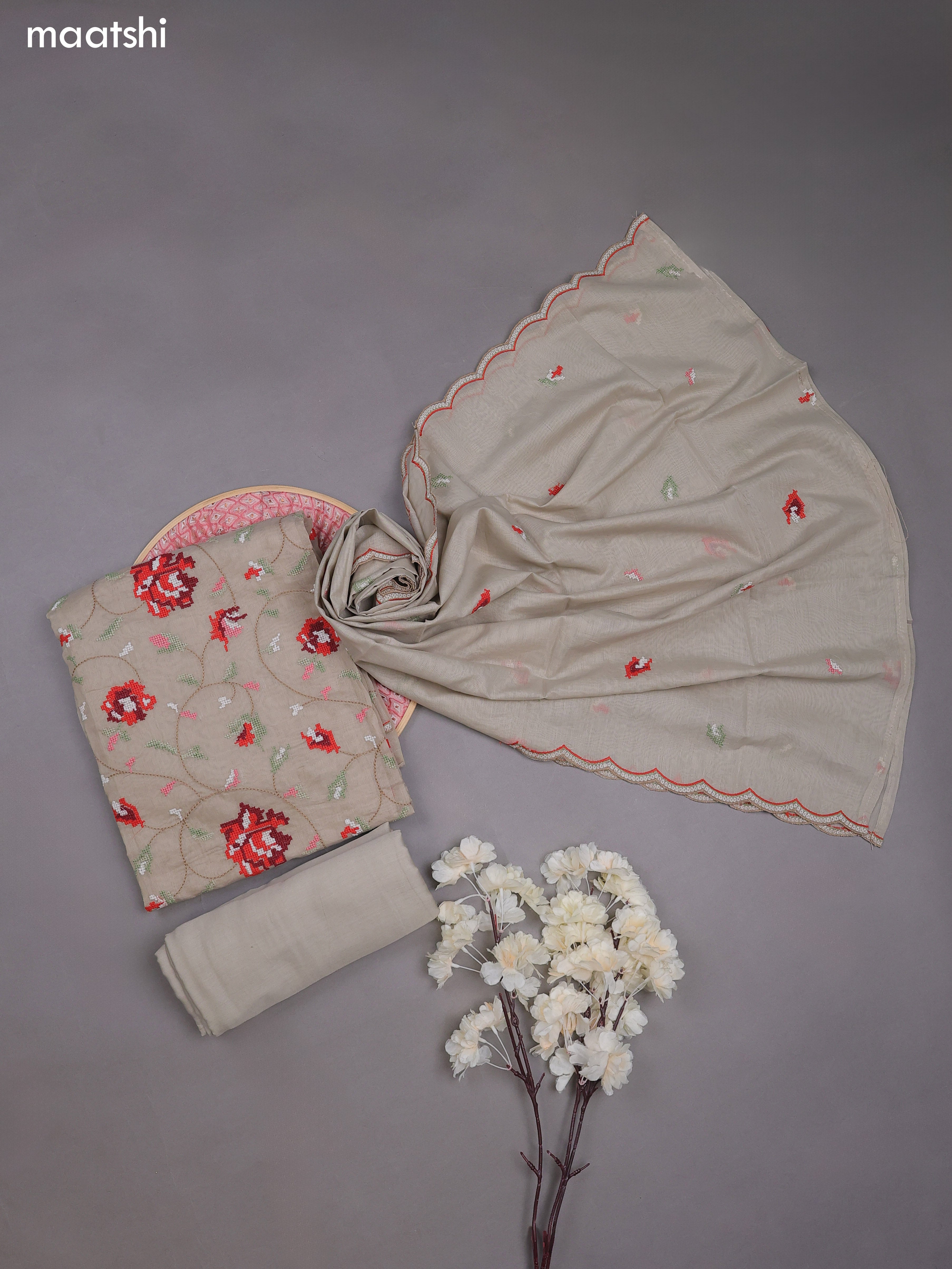 Pastel Grey Mul Chanderi Dress Materials With Embroidery Work
