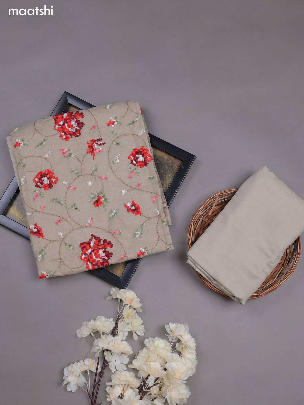 Pastel Grey Mul Chanderi Dress Materials With Embroidery Work