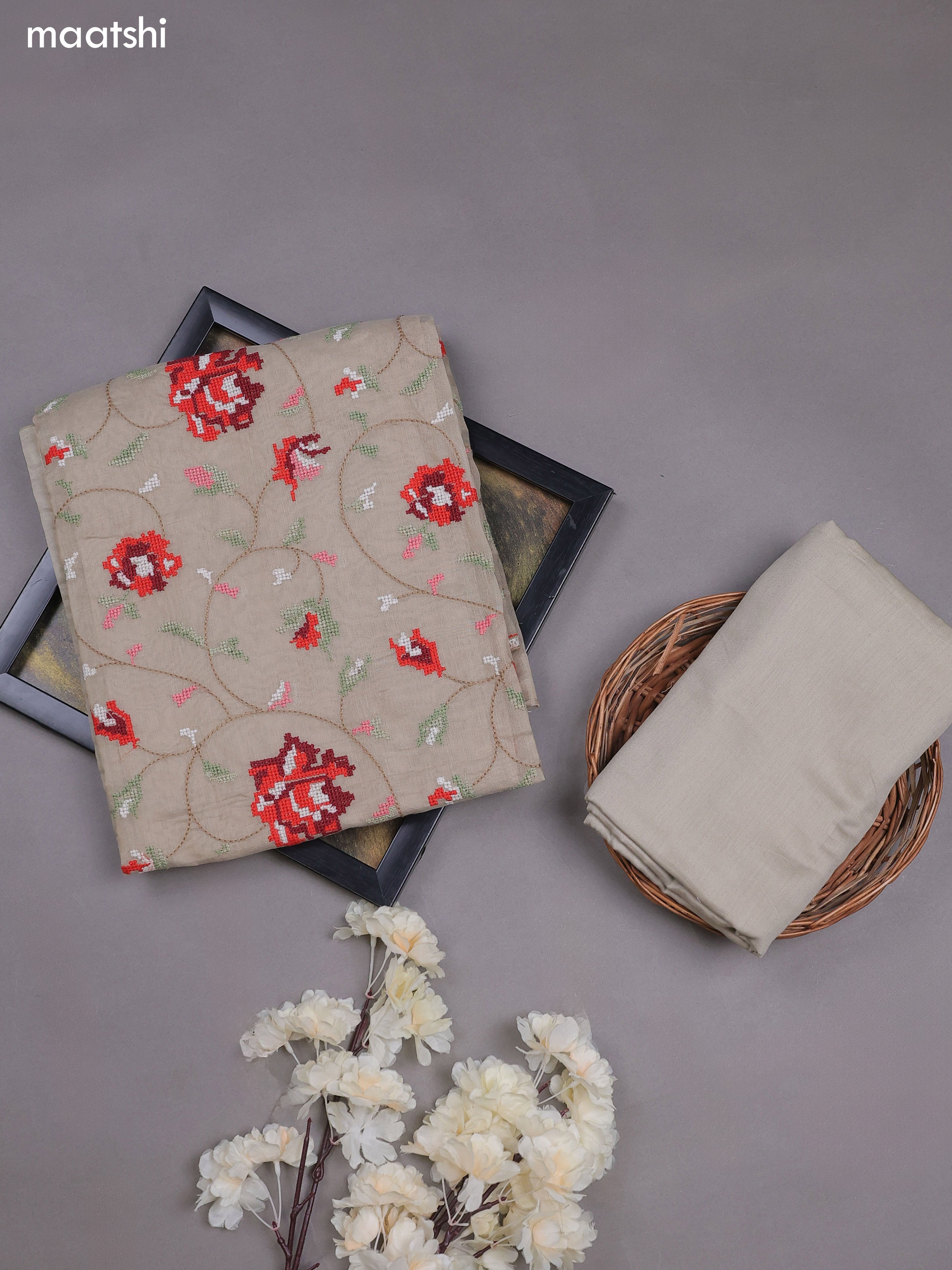 Pastel Grey Mul Chanderi Dress Materials With Embroidery Work
