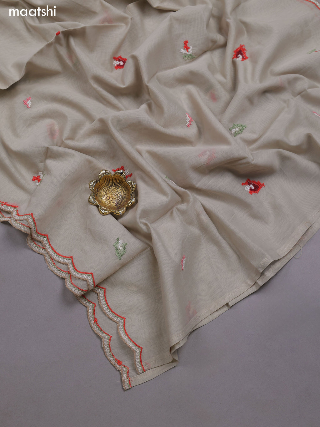 Pastel Grey Mul Chanderi Dress Materials With Embroidery Work