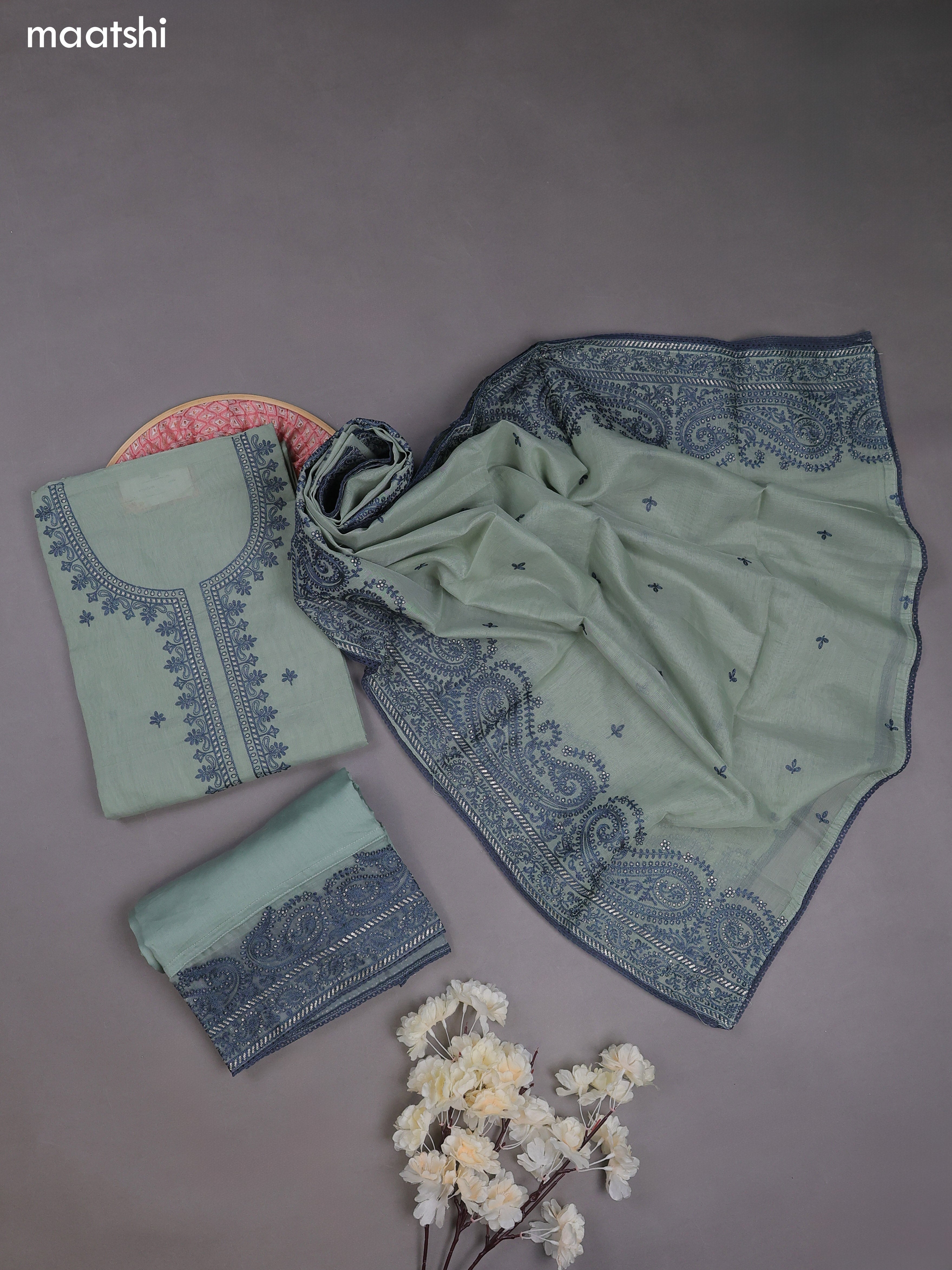 Pastel Green Mul Chanderi Dress Materials With Embroidery Work Neck Pattern