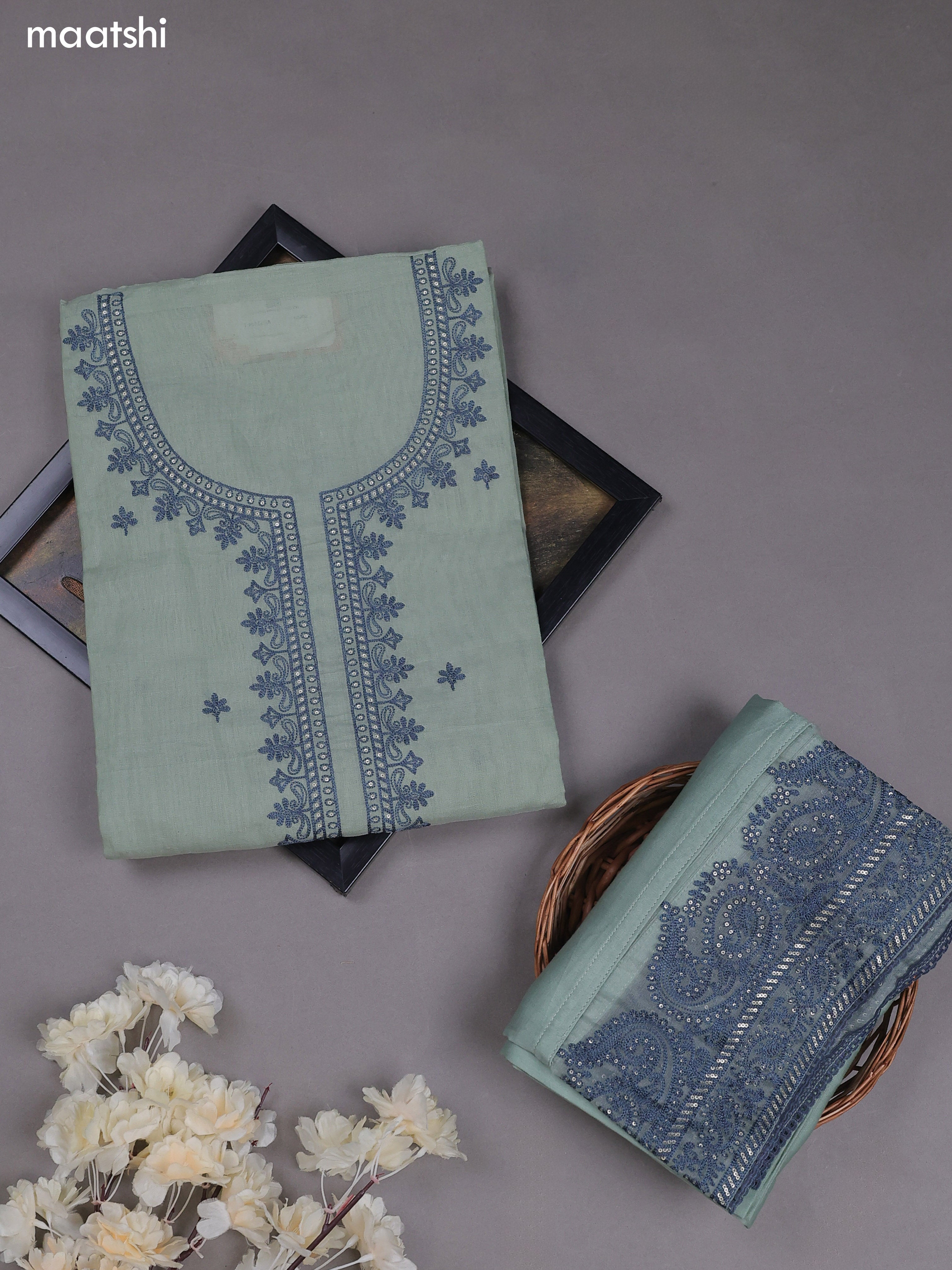 Pastel Green Mul Chanderi Dress Materials With Embroidery Work Neck Pattern