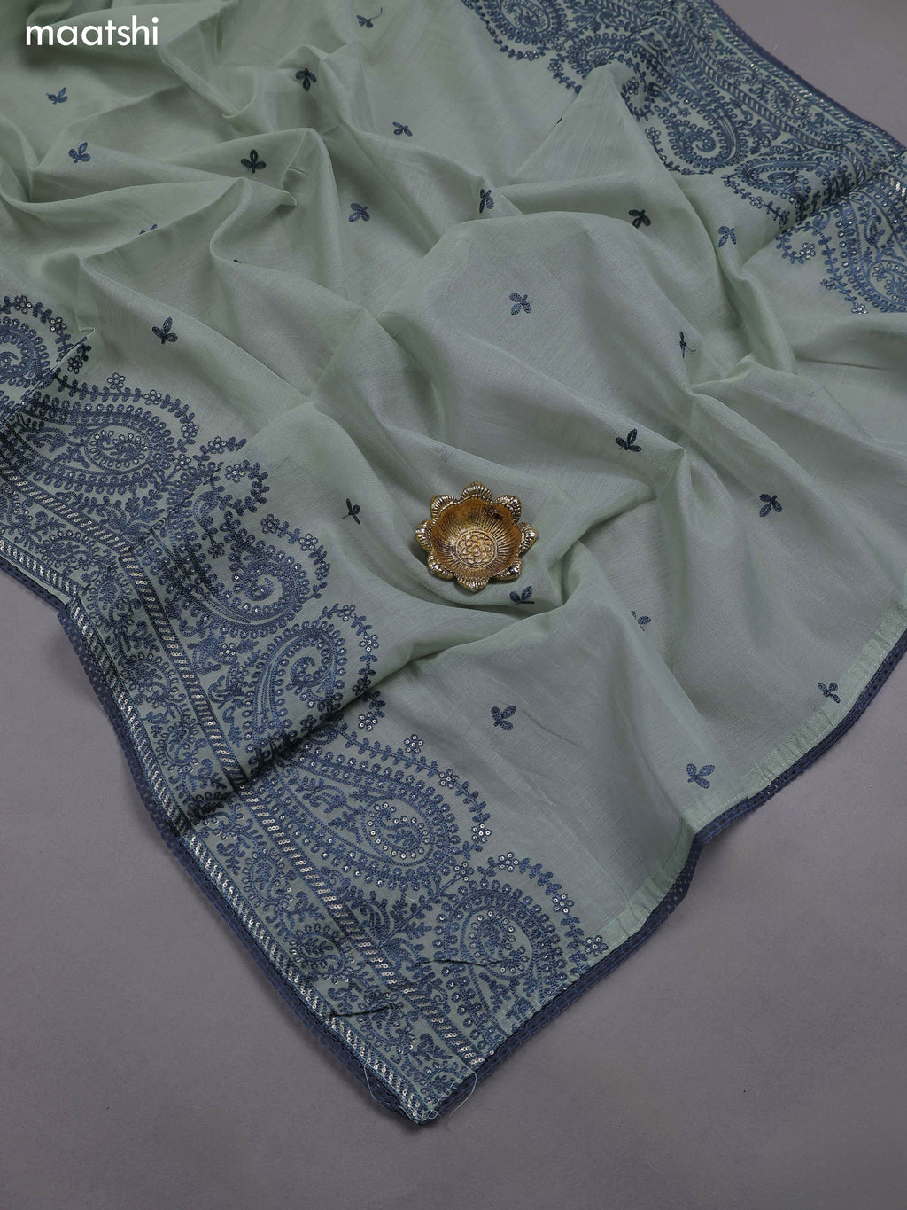 Pastel Green Mul Chanderi Dress Materials With Embroidery Work Neck Pattern